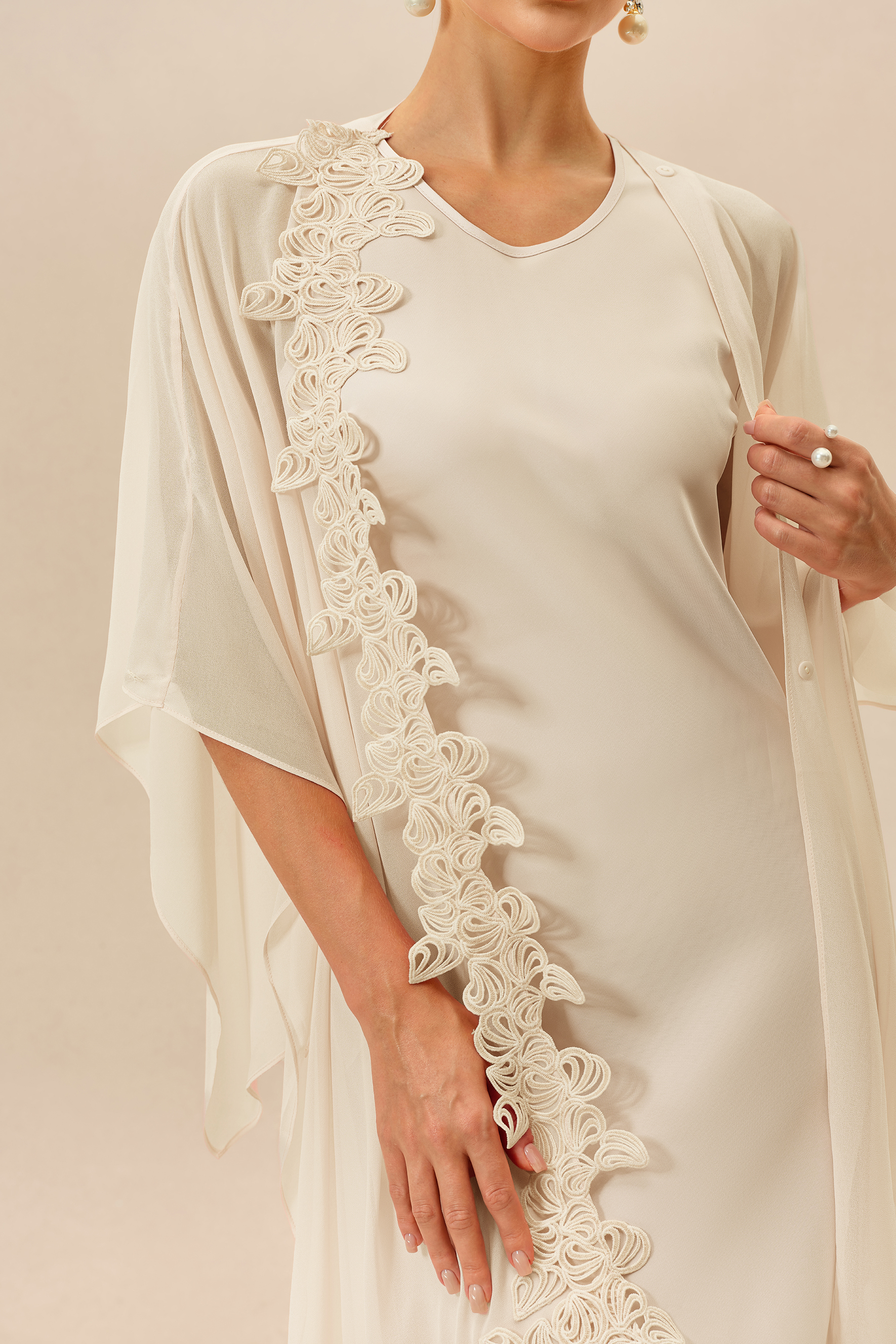Own The Night Beige Sleeveless Maxi Dress With Embellished Cape