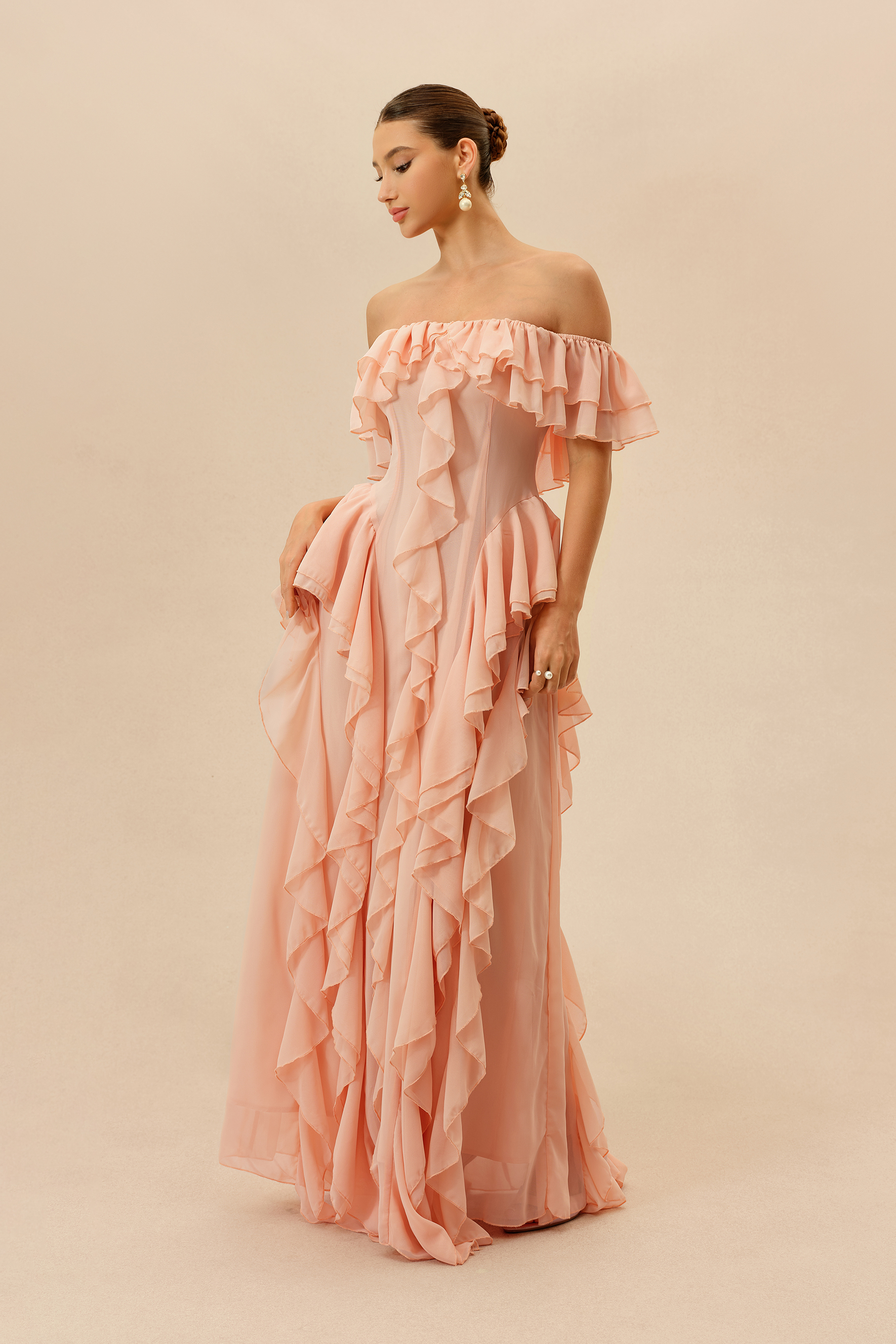 Every Love Song Pink Off-The-Shoulder Ruffle Maxi Dress