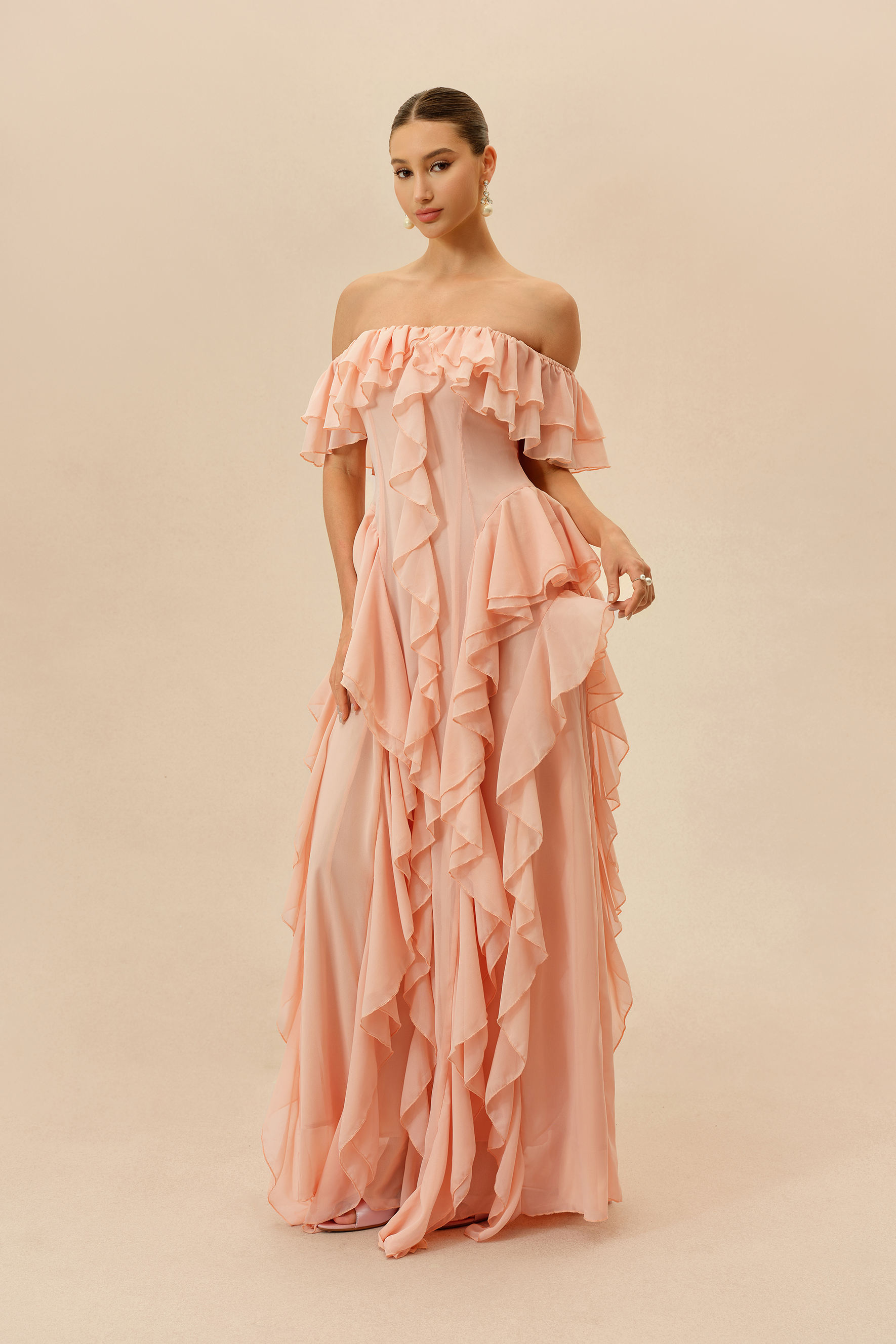 Every Love Song Pink Off-The-Shoulder Ruffle Maxi Dress