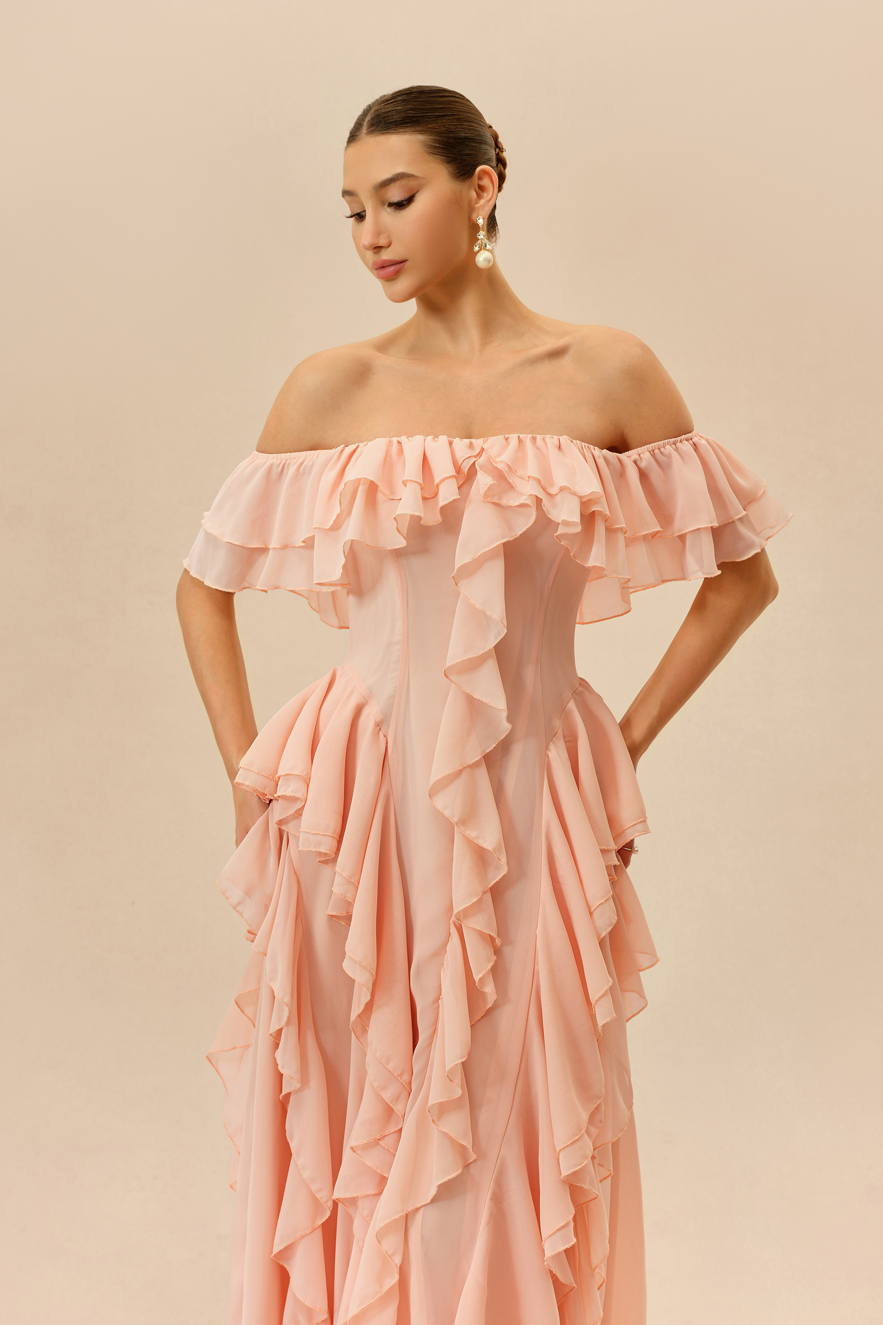 Every Love Song Pink Off-The-Shoulder Ruffle Maxi Dress