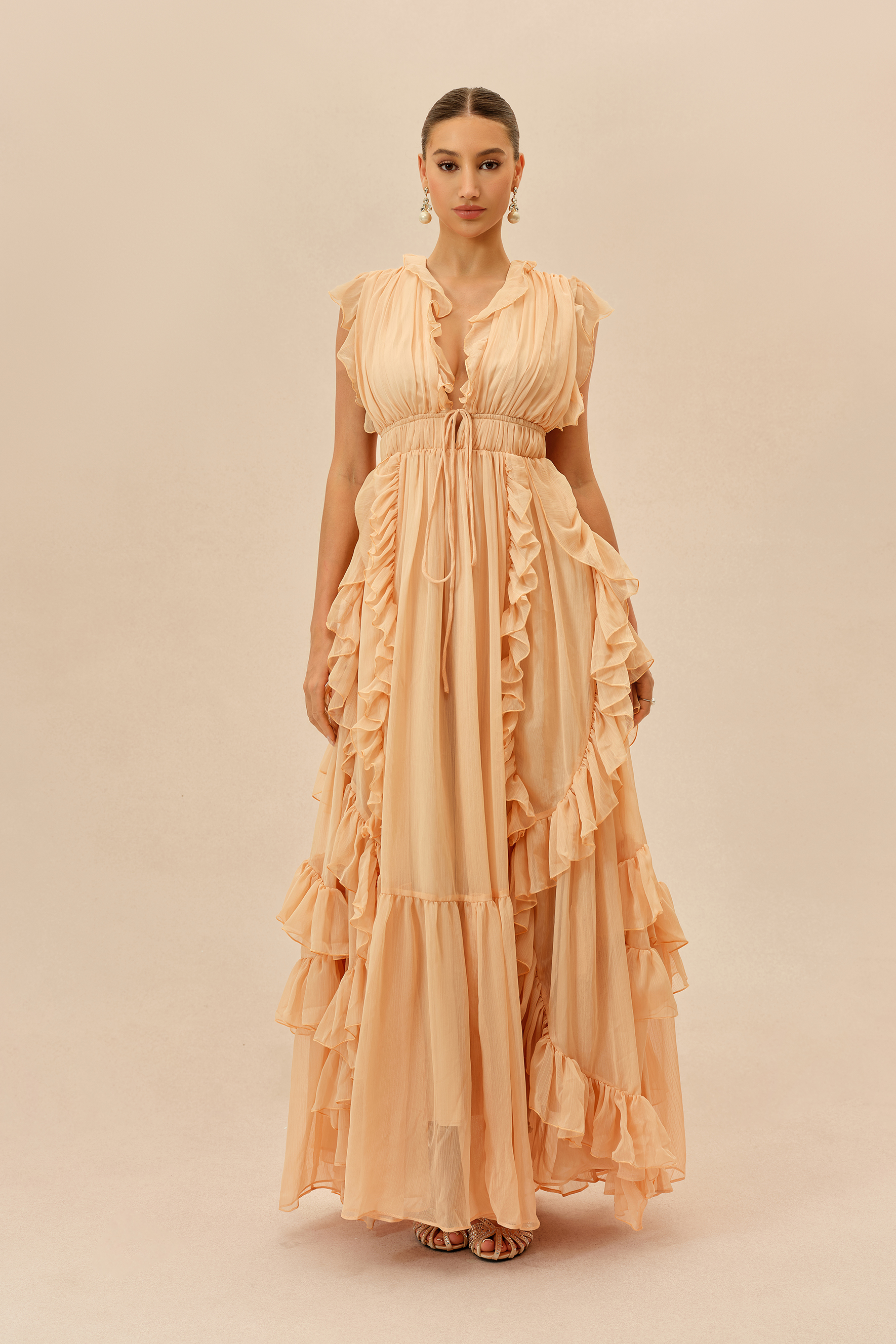 Sweet Attraction Peach Pink Ruffle Deep V Tiered Maxi Dress