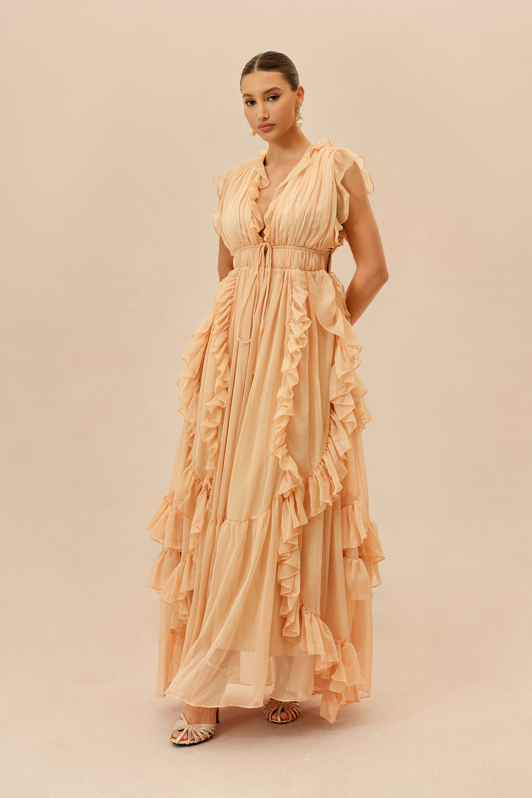 Sweet Attraction Peach Pink Ruffle Deep V Tiered Maxi Dress