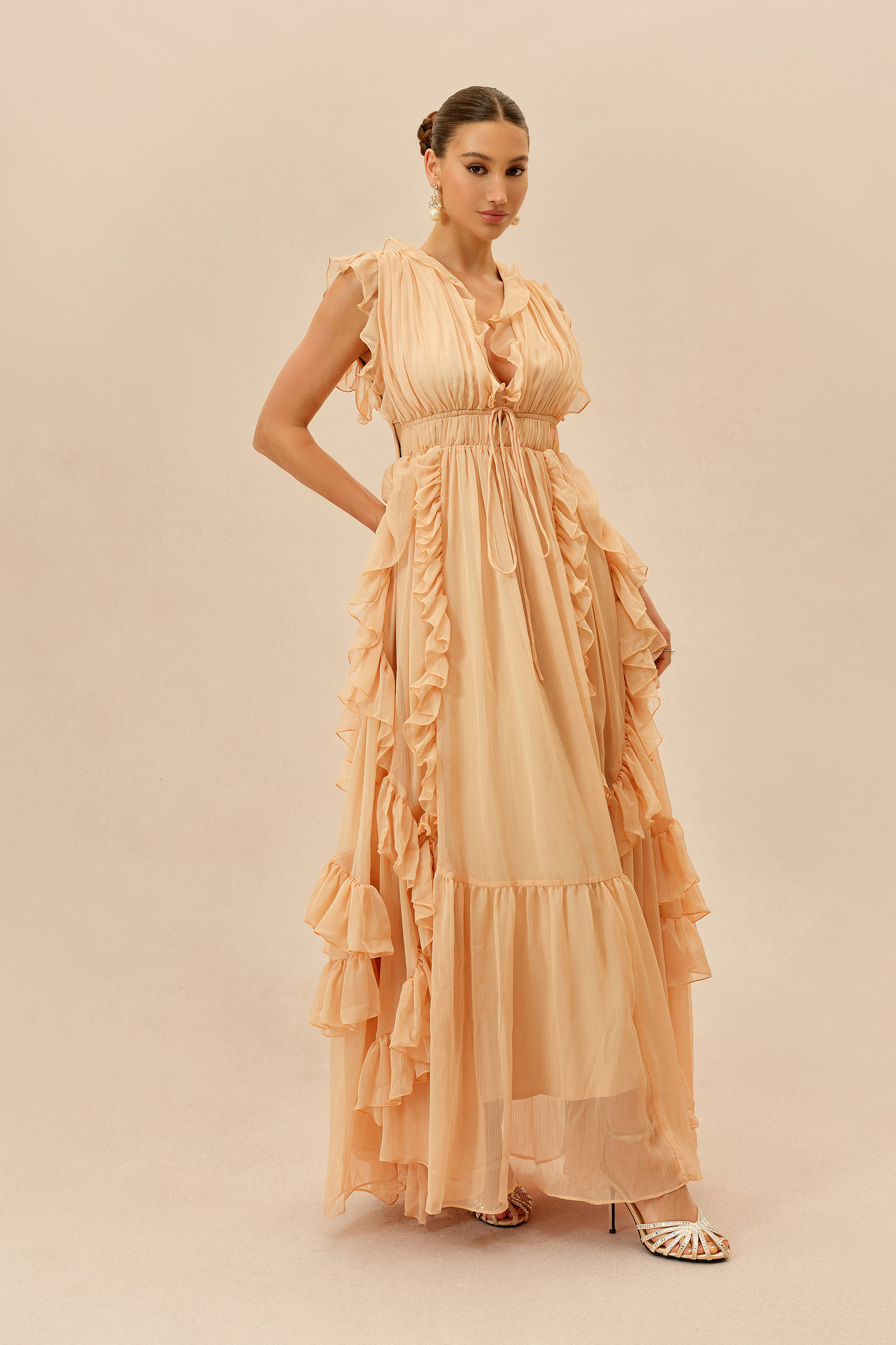 Sweet Attraction Peach Pink Ruffle Deep V Tiered Maxi Dress