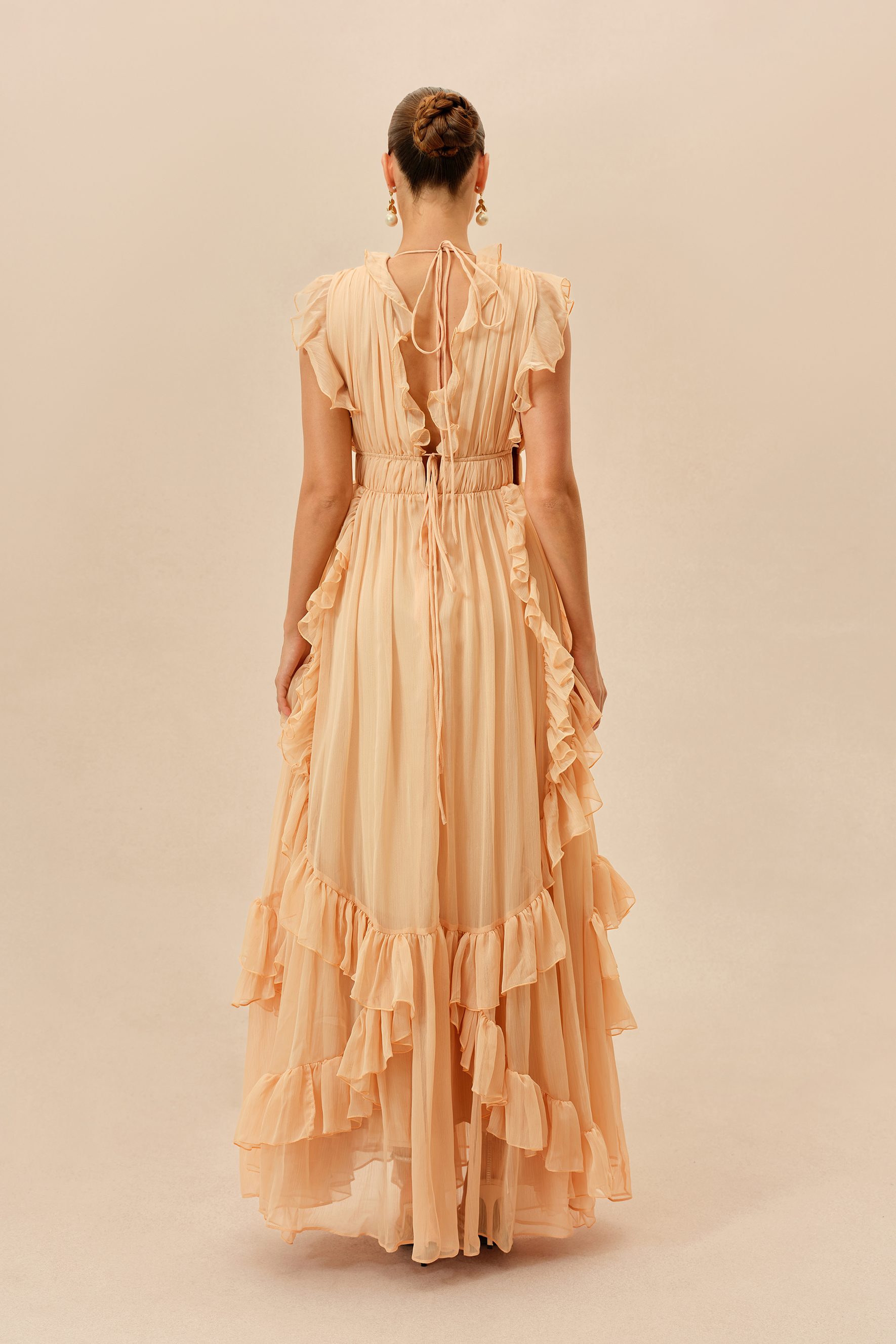 Sweet Attraction Peach Pink Ruffle Deep V Tiered Maxi Dress