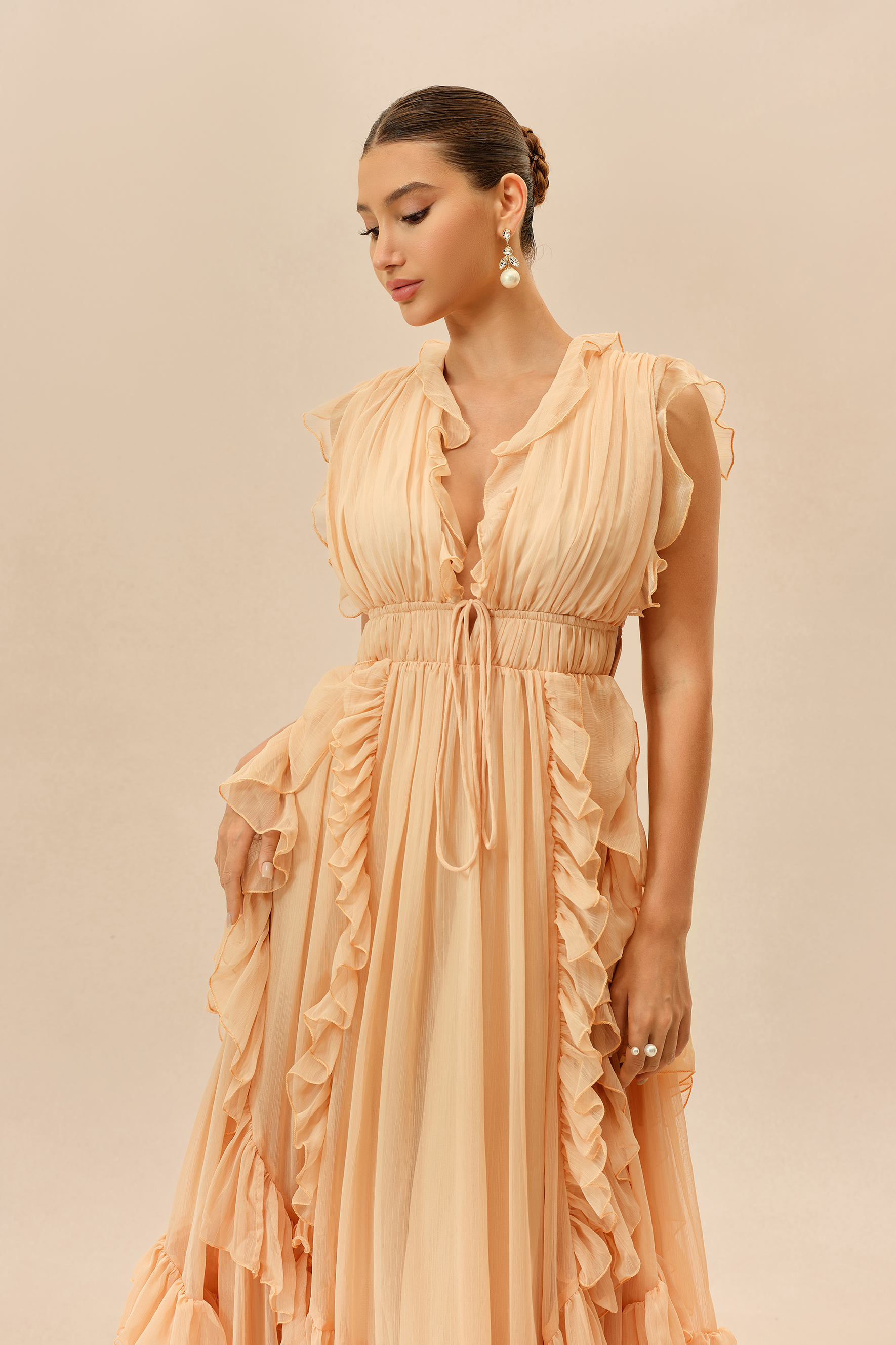 Sweet Attraction Peach Pink Ruffle Deep V Tiered Maxi Dress
