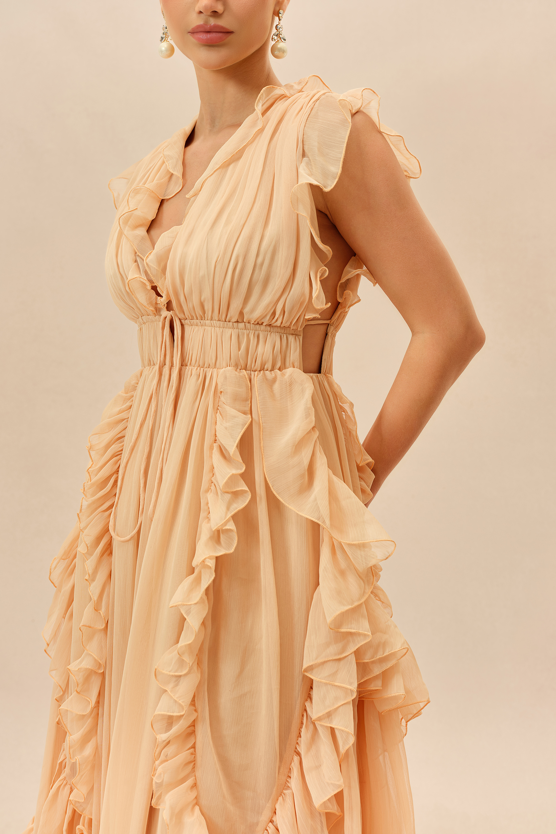 Sweet Attraction Peach Pink Ruffle Deep V Tiered Maxi Dress