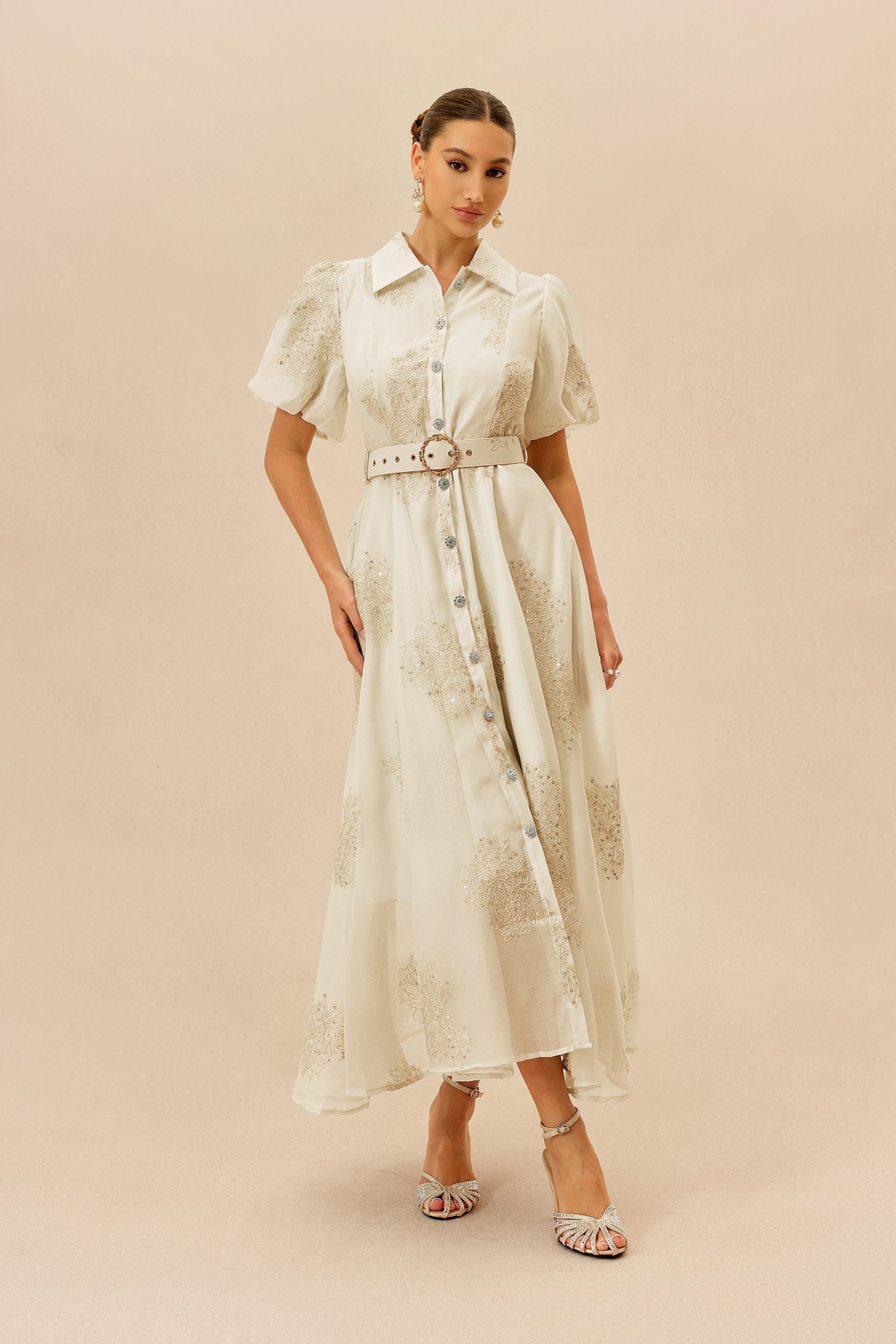 Always A Classic Apricot Short Sleeve Embroidered Maxi Dress