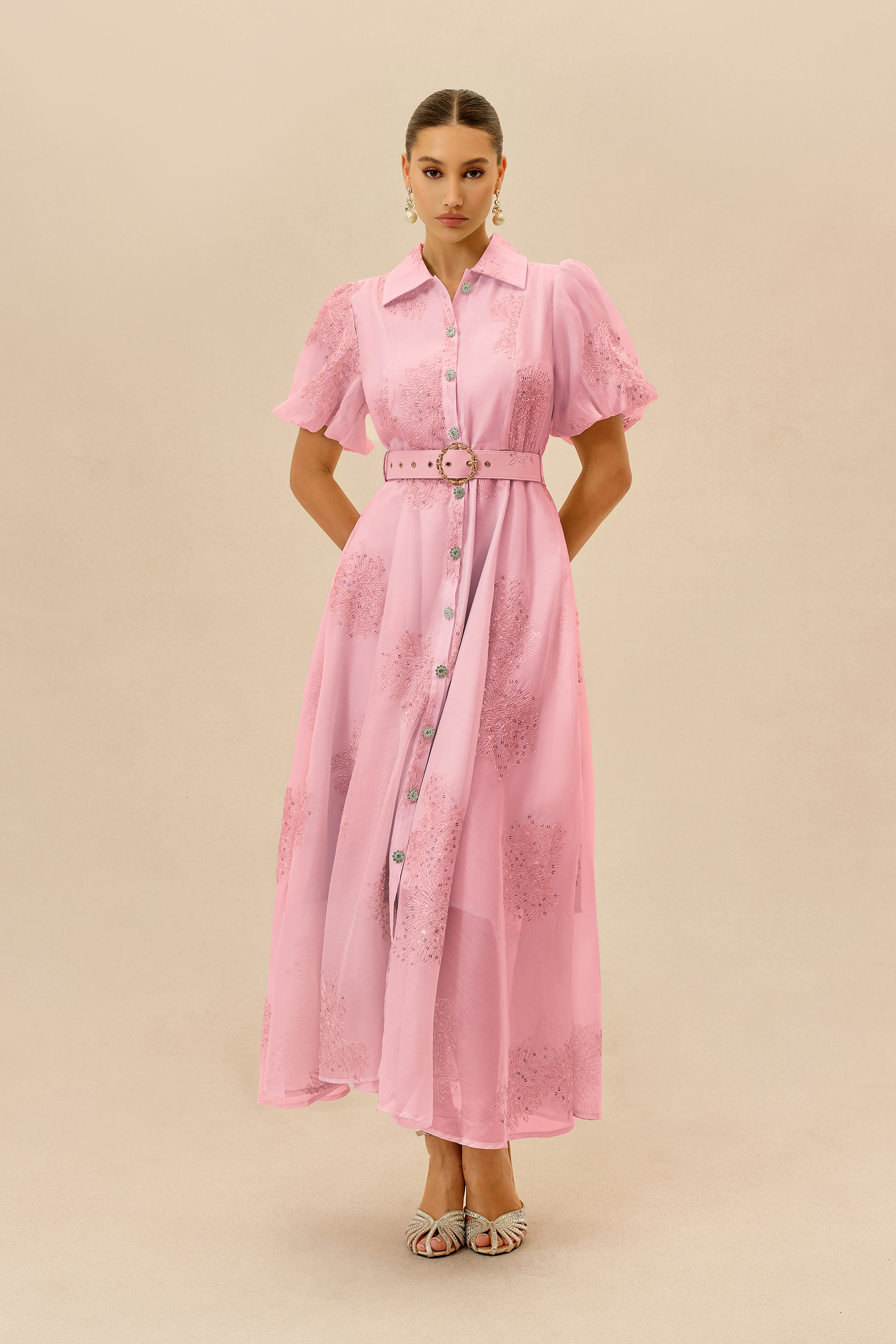 Always A Classic Pink Short Sleeve Embroidered Maxi Dress