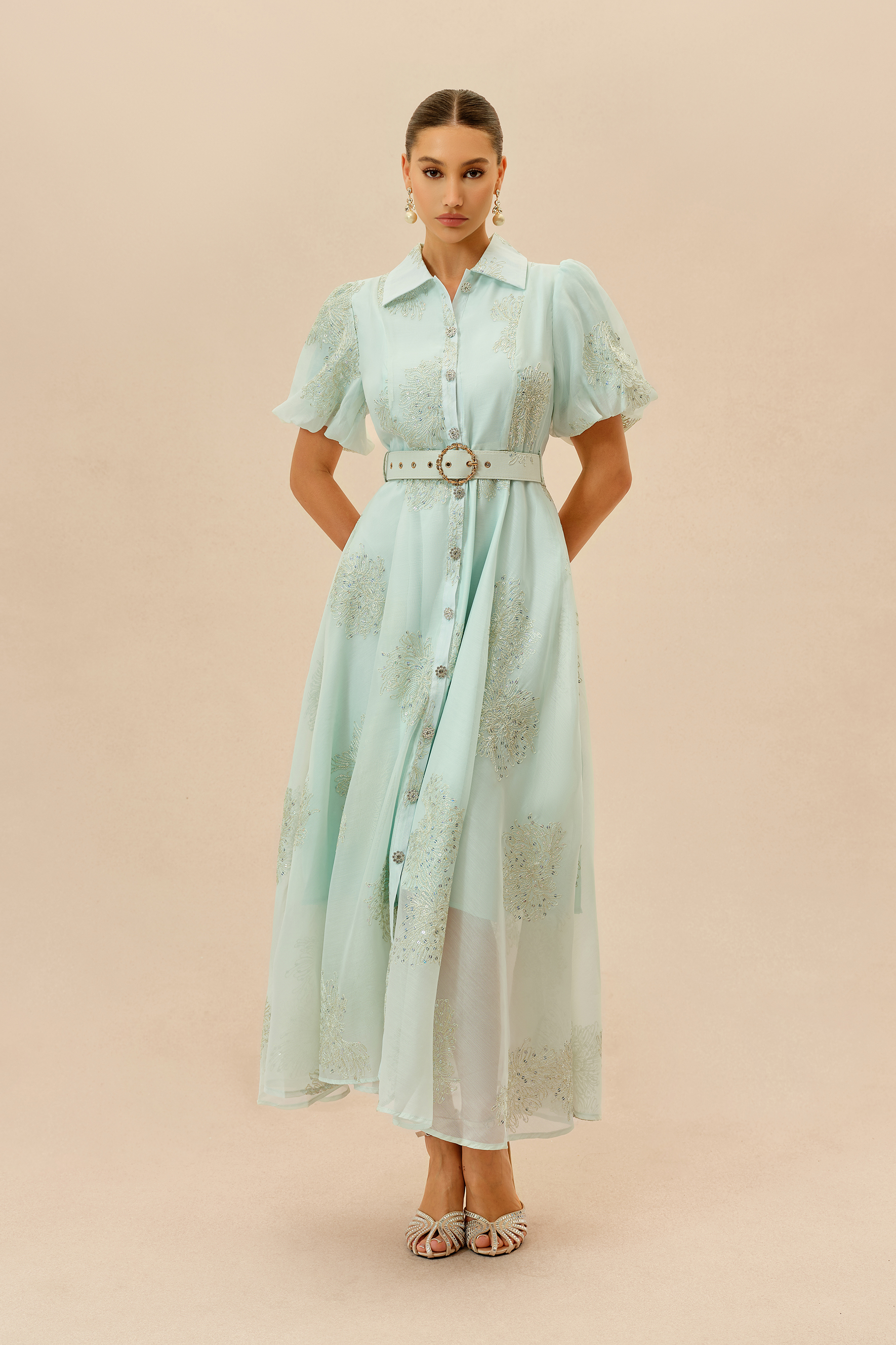 Always A Classic Light Green Short Sleeve Embroidered Maxi Dress