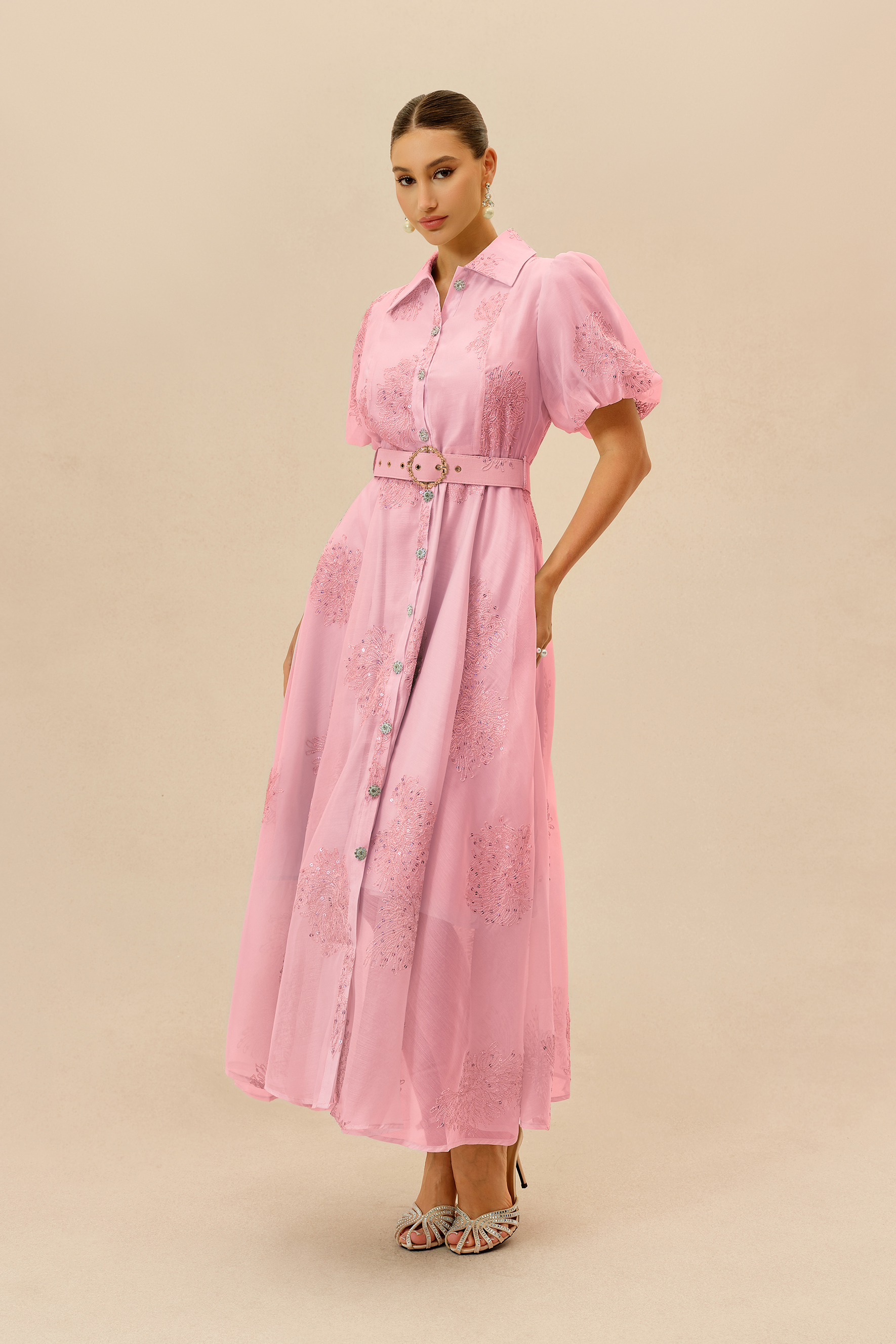 Always A Classic Pink Short Sleeve Embroidered Maxi Dress