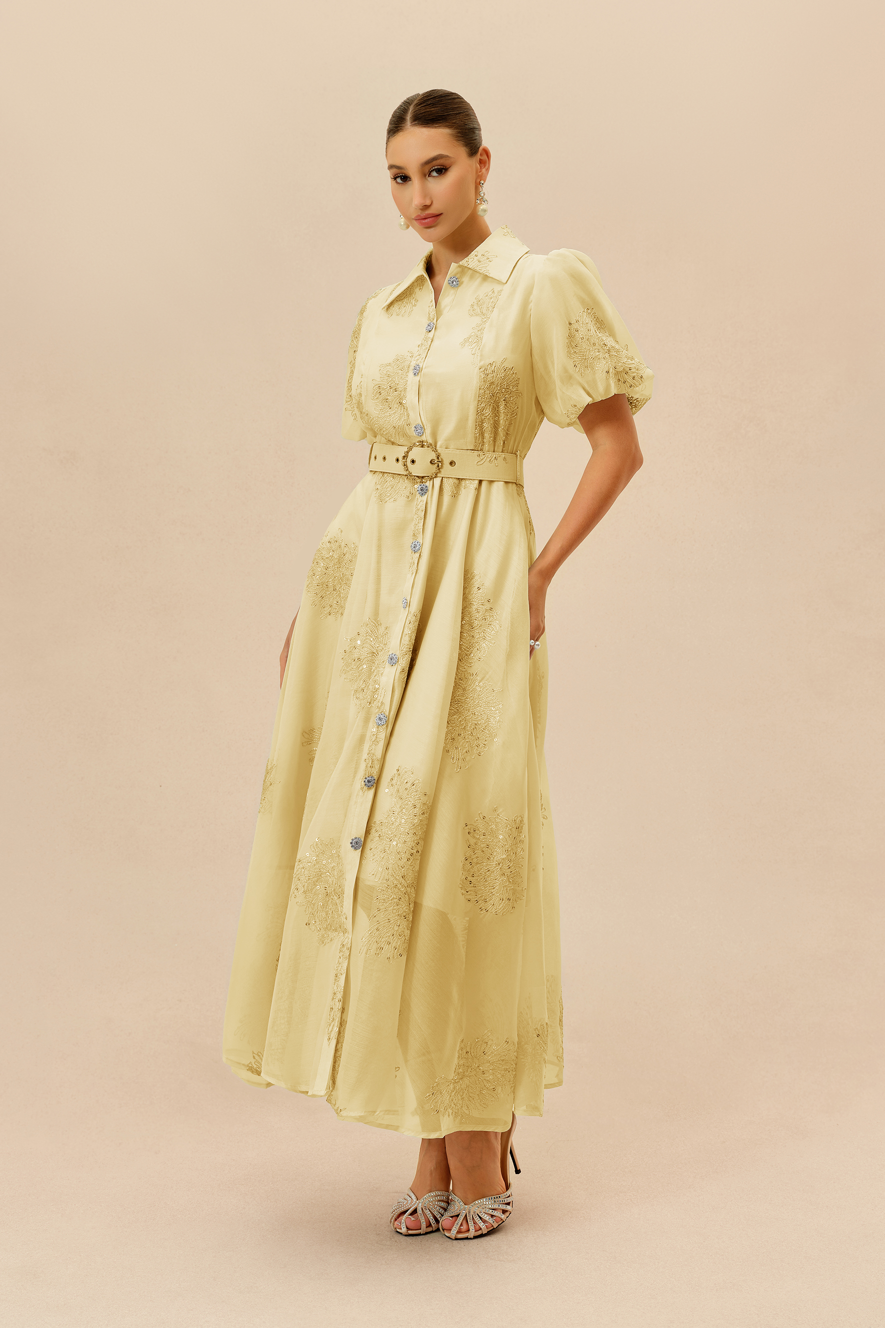 Always A Classic Yellow Short Sleeve Embroidered Maxi Dress