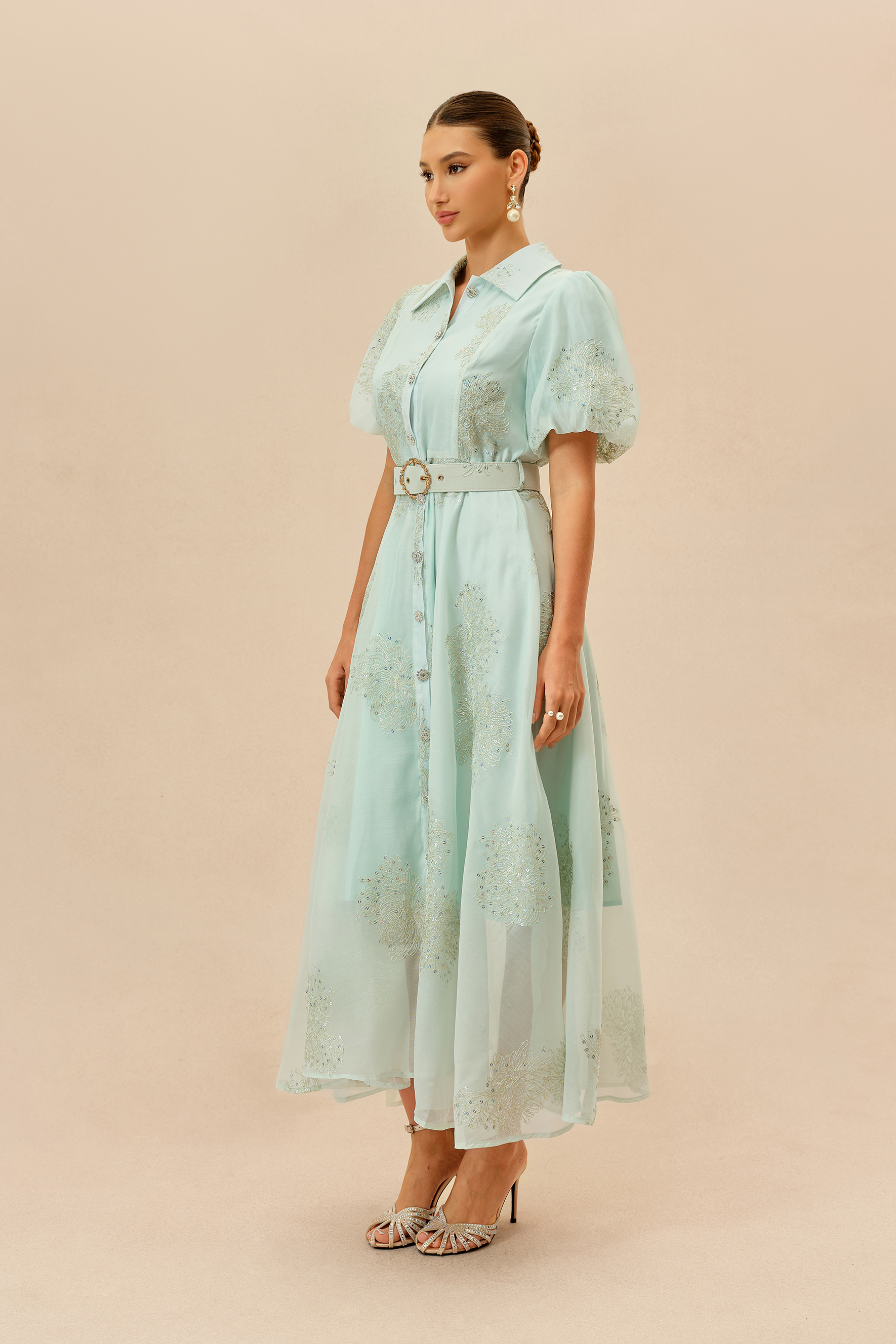 Always A Classic Light Green Short Sleeve Embroidered Maxi Dress