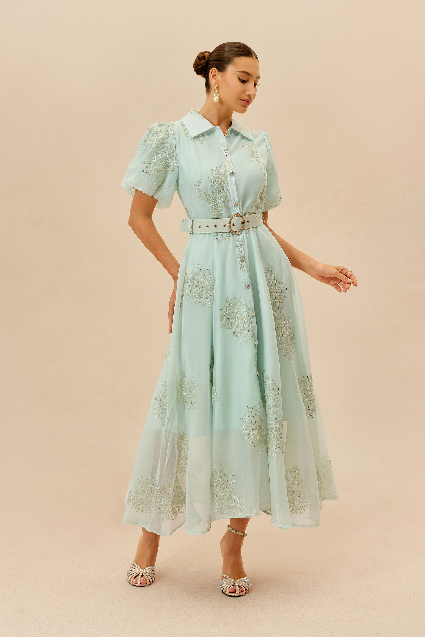 Always A Classic Light Green Short Sleeve Embroidered Maxi Dress