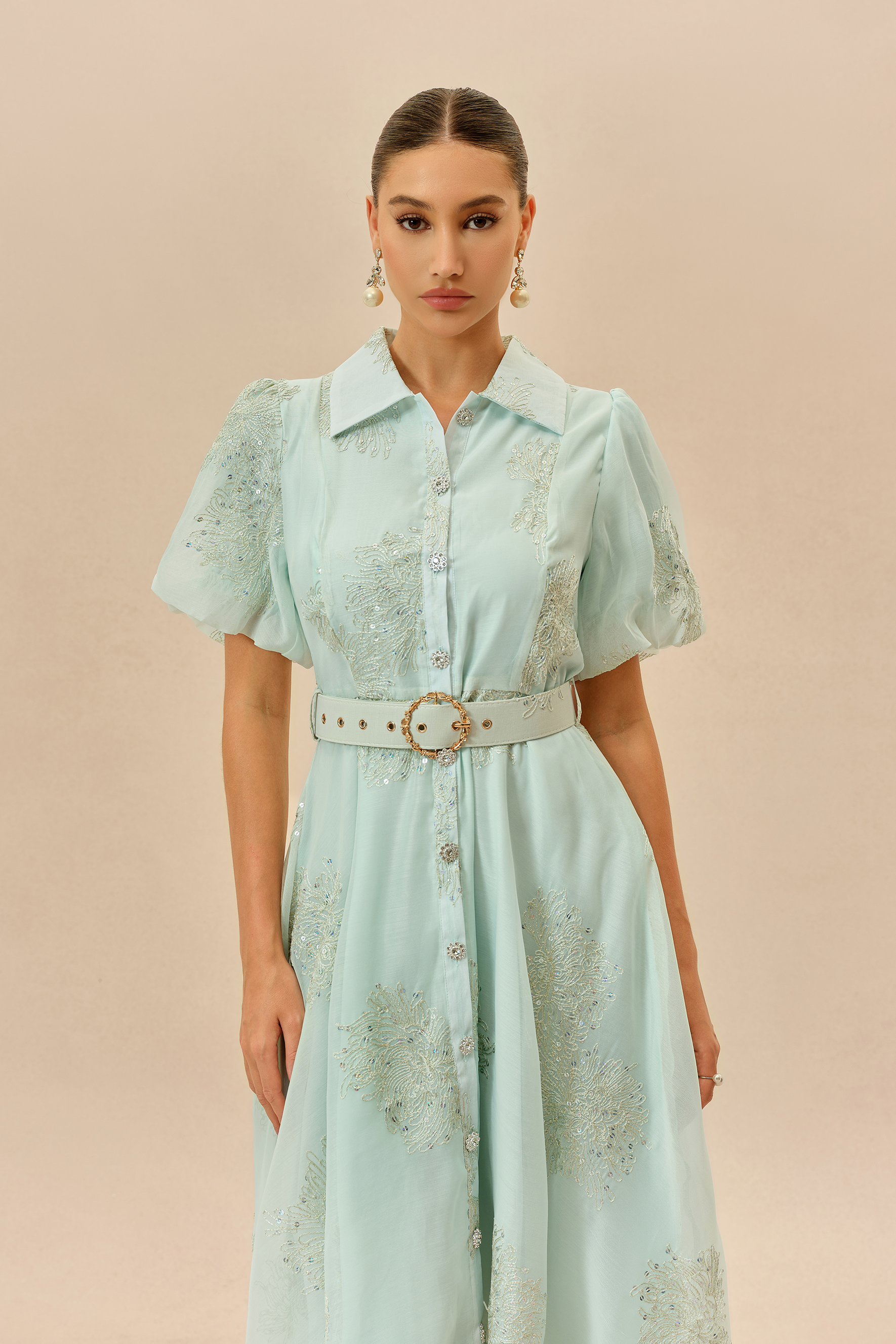 Always A Classic Light Green Short Sleeve Embroidered Maxi Dress