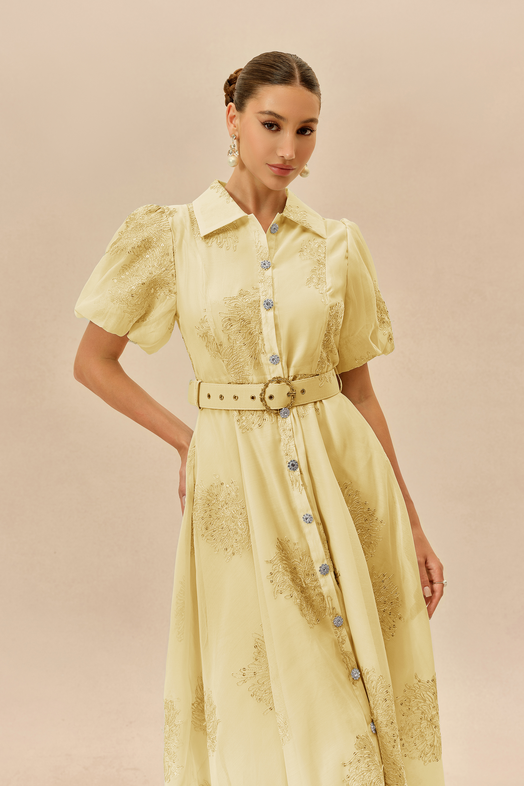 Always A Classic Yellow Short Sleeve Embroidered Maxi Dress