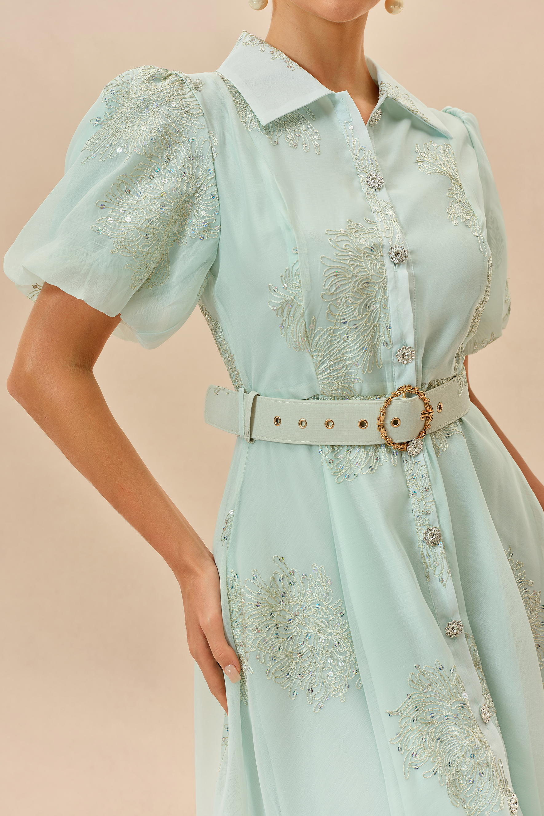 Always A Classic Light Green Short Sleeve Embroidered Maxi Dress