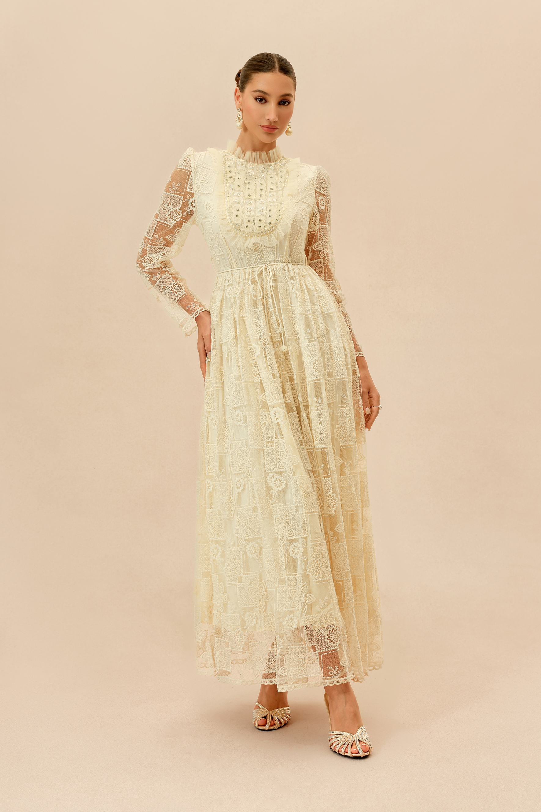 Delicate Allure Beige Floral Lace Embellished Maxi Dress
