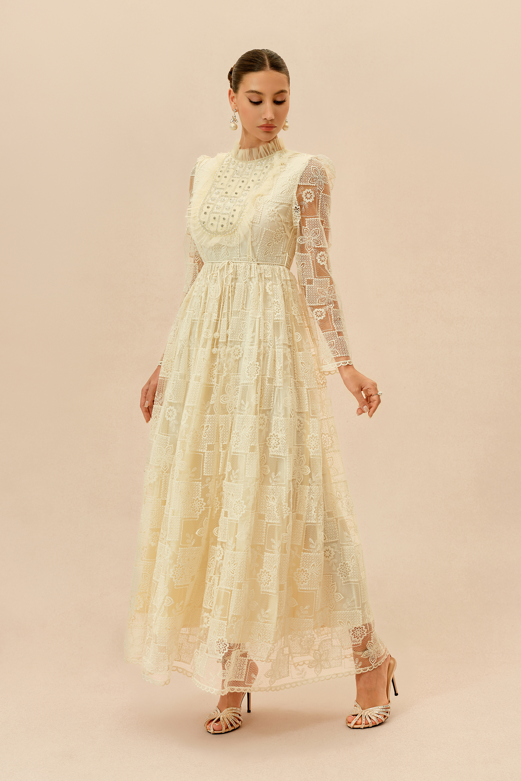 Delicate Allure Beige Floral Lace Embellished Maxi Dress