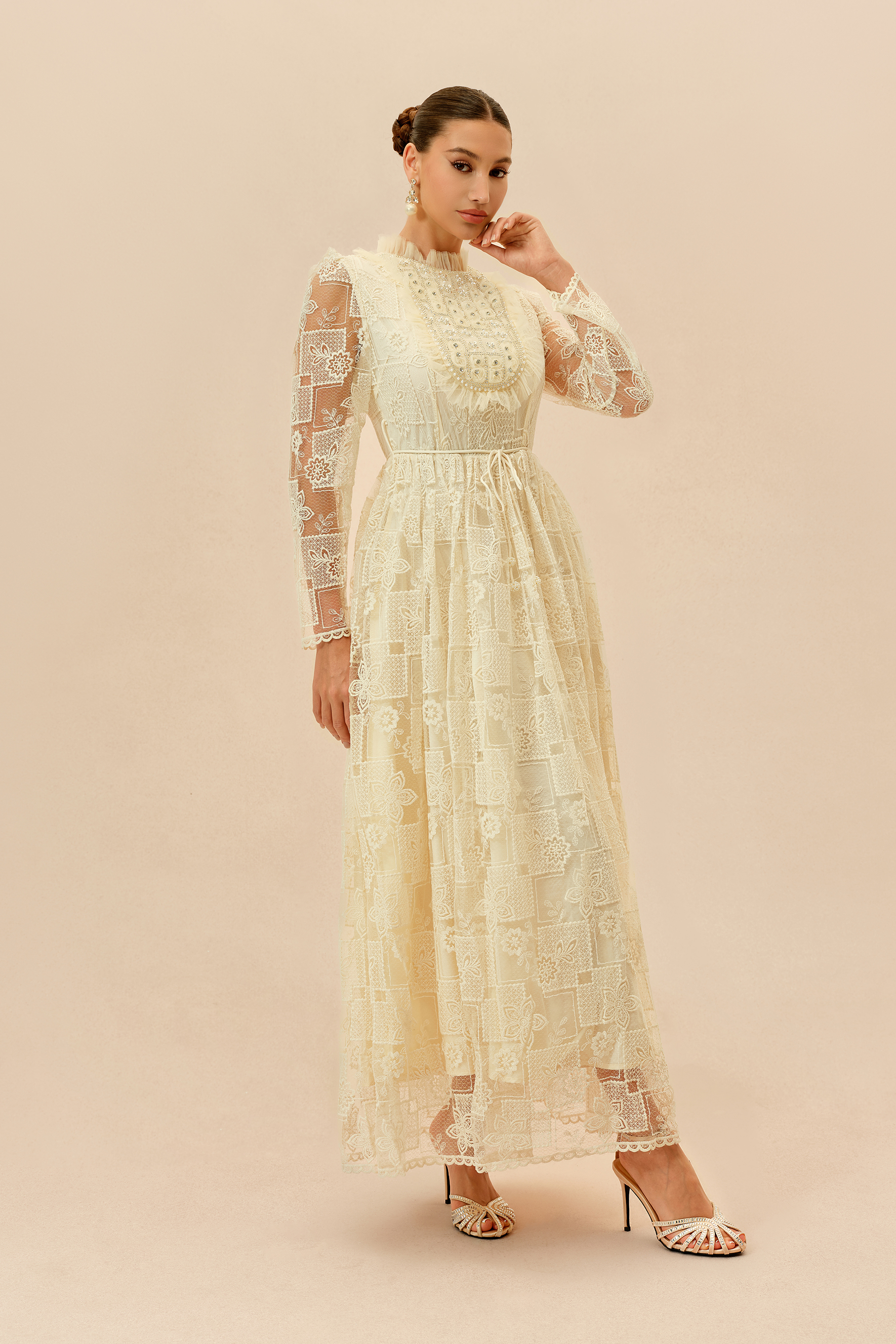 Delicate Allure Beige Floral Lace Embellished Maxi Dress