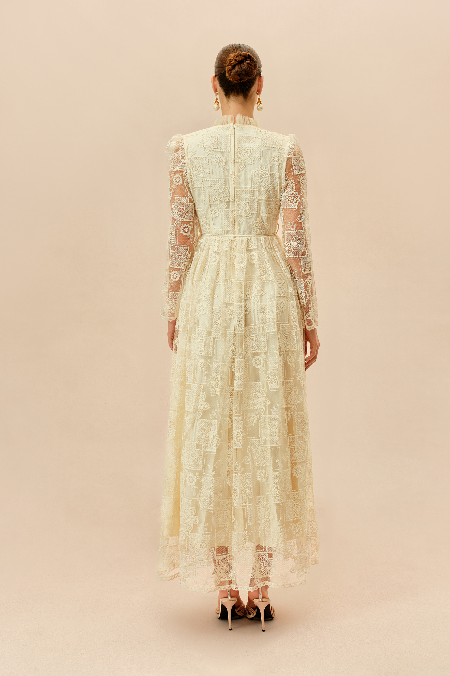 Delicate Allure Beige Floral Lace Embellished Maxi Dress