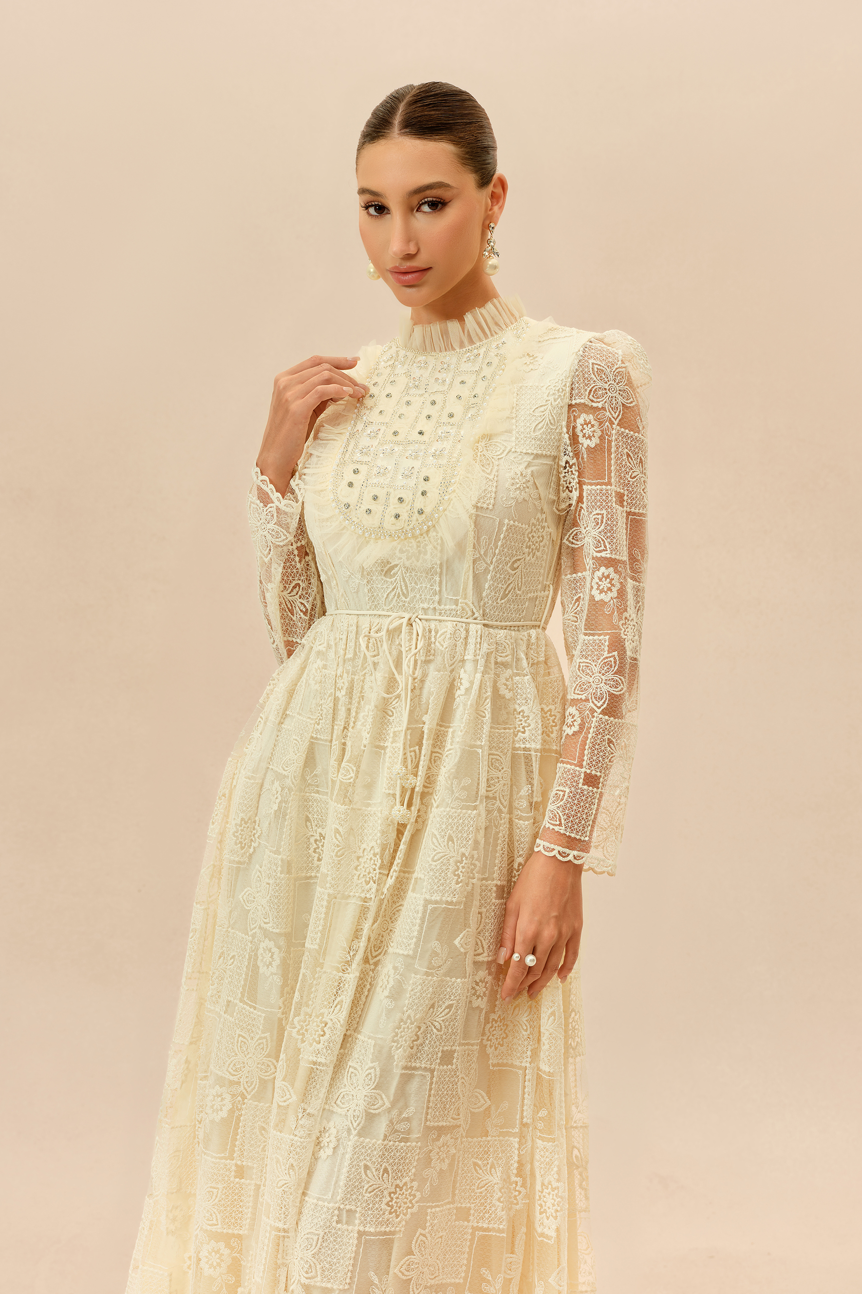 Delicate Allure Beige Floral Lace Embellished Maxi Dress
