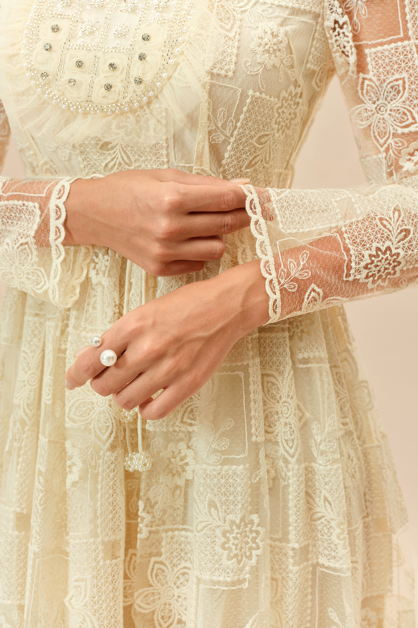 Delicate Allure Beige Floral Lace Embellished Maxi Dress