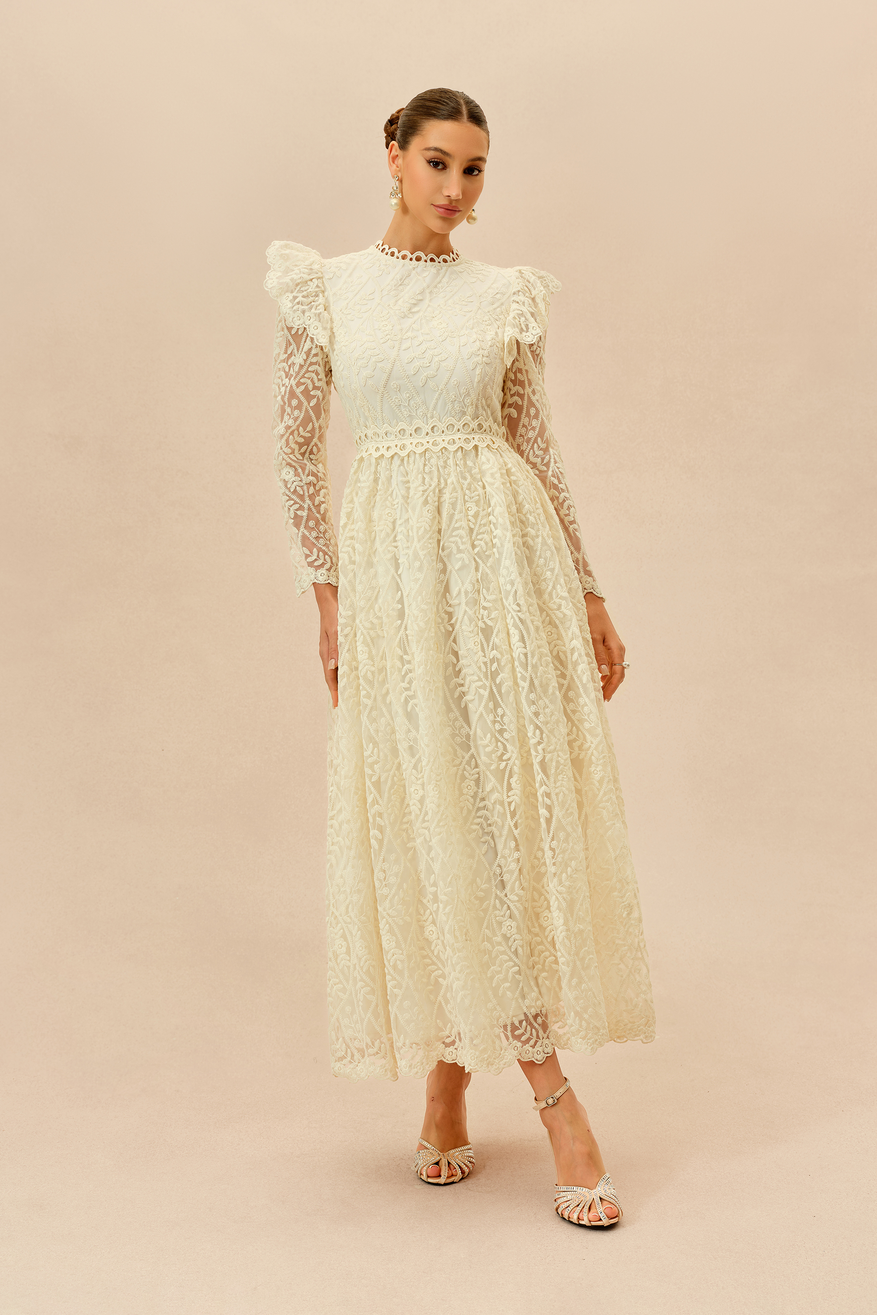 Cherished Forever Beige Lace Embroidered Ruffle Trim Maxi Dress