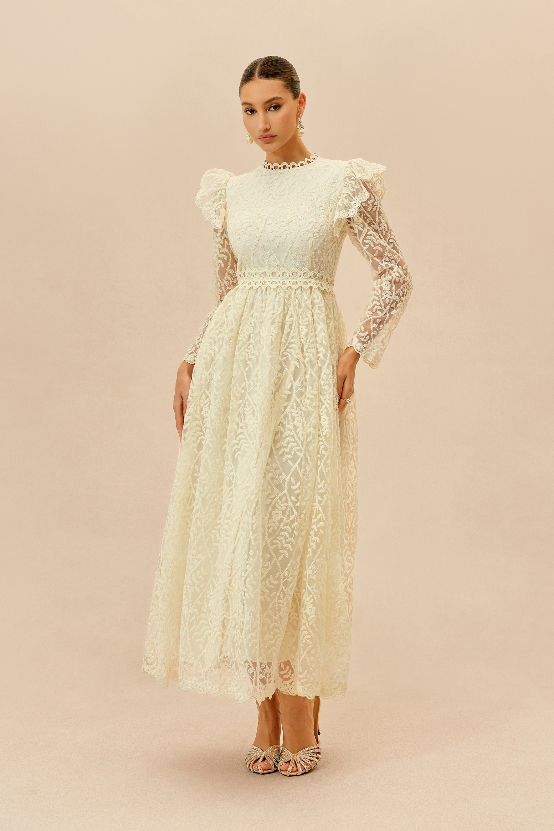 Cherished Forever Beige Lace Embroidered Ruffle Trim Maxi Dress