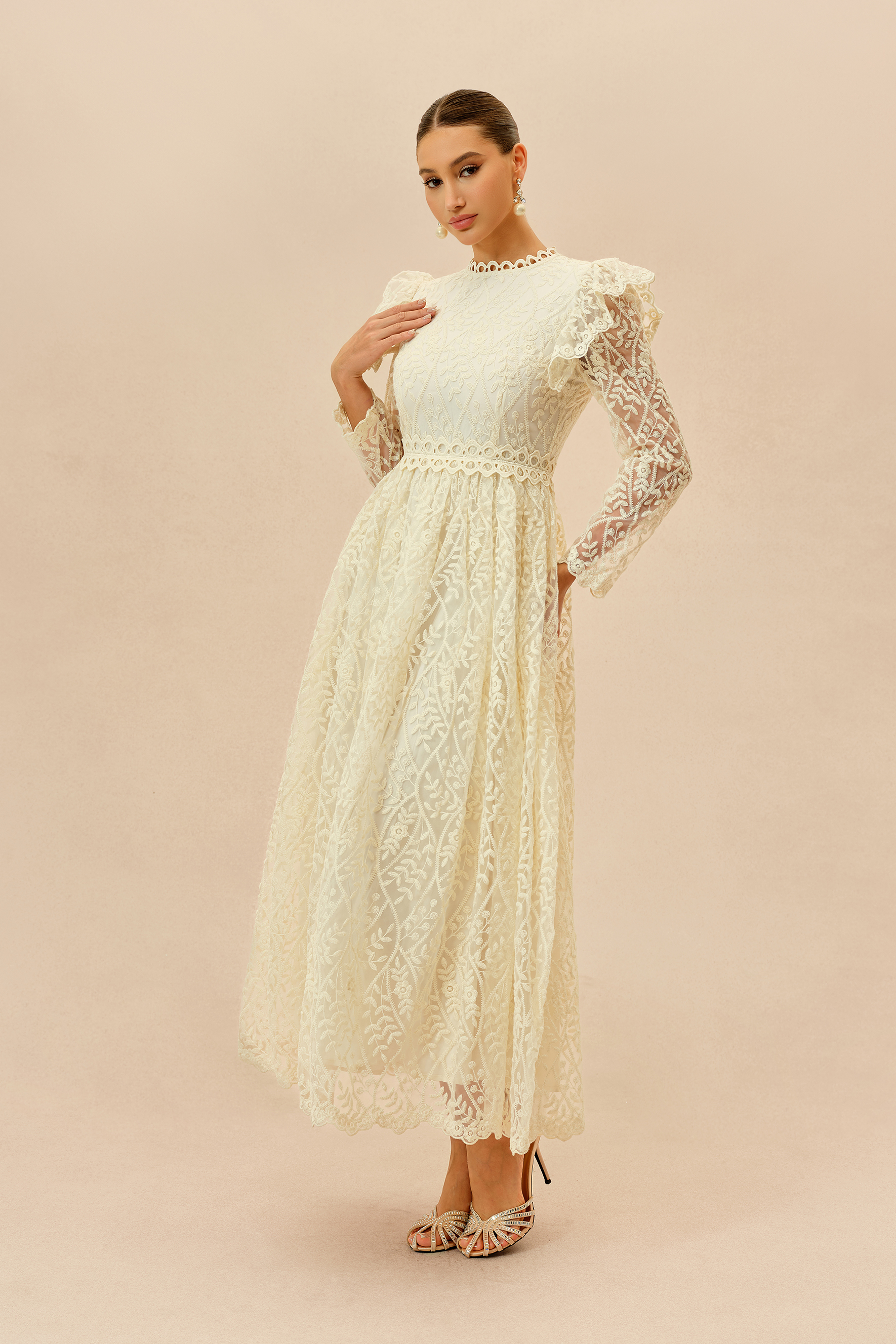 Cherished Forever Beige Lace Embroidered Ruffle Trim Maxi Dress