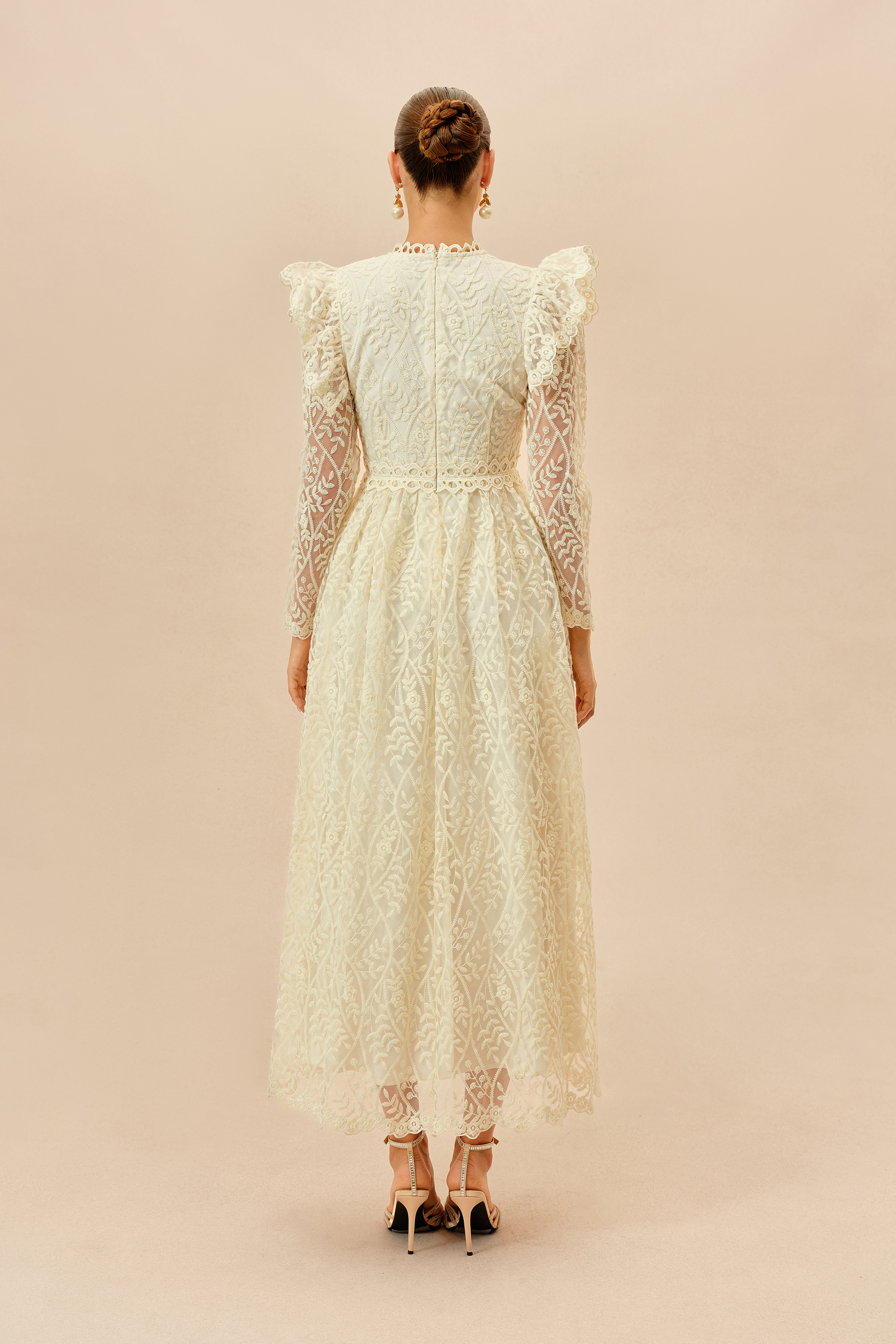 Cherished Forever Beige Lace Embroidered Ruffle Trim Maxi Dress