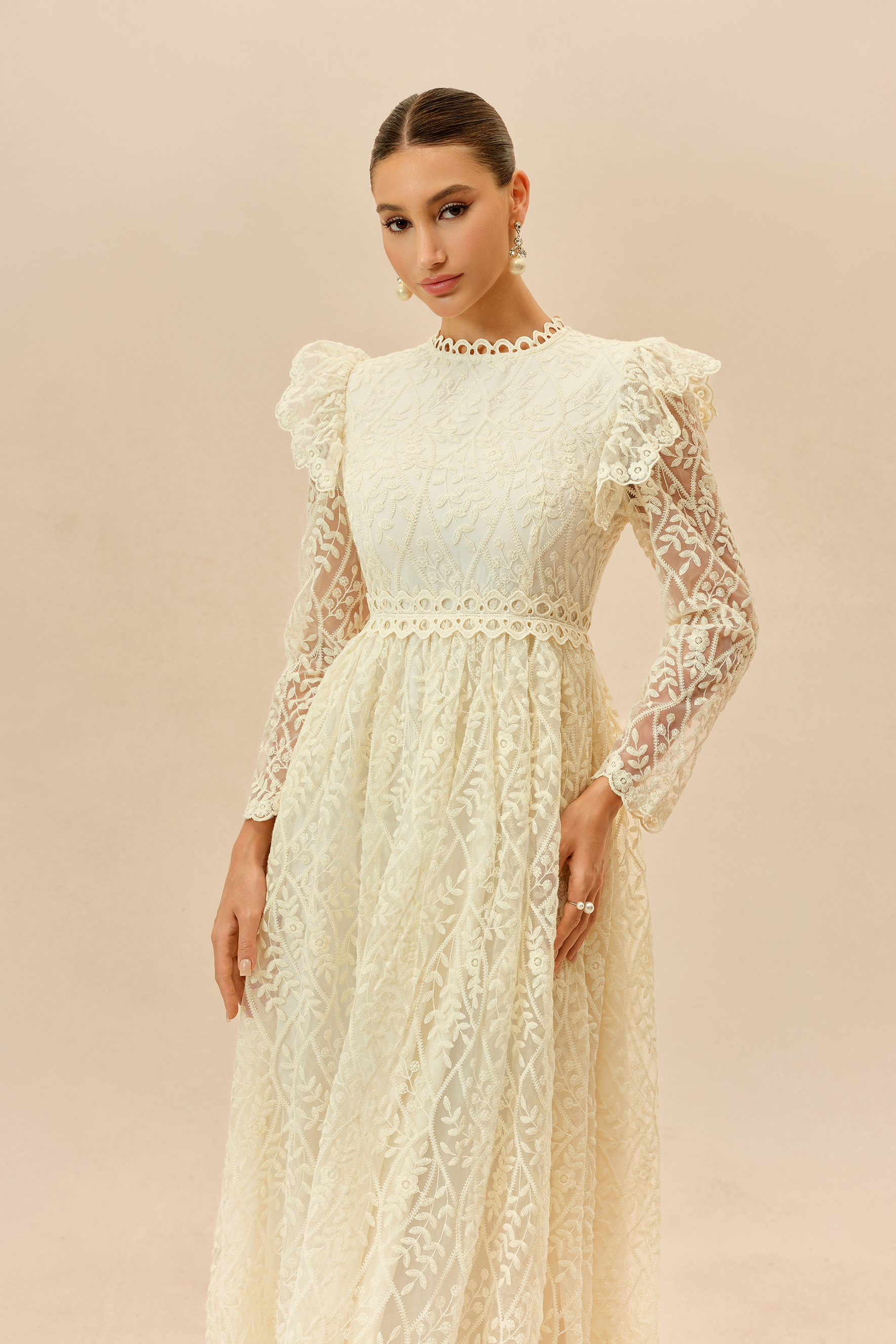 Cherished Forever Beige Lace Embroidered Ruffle Trim Maxi Dress