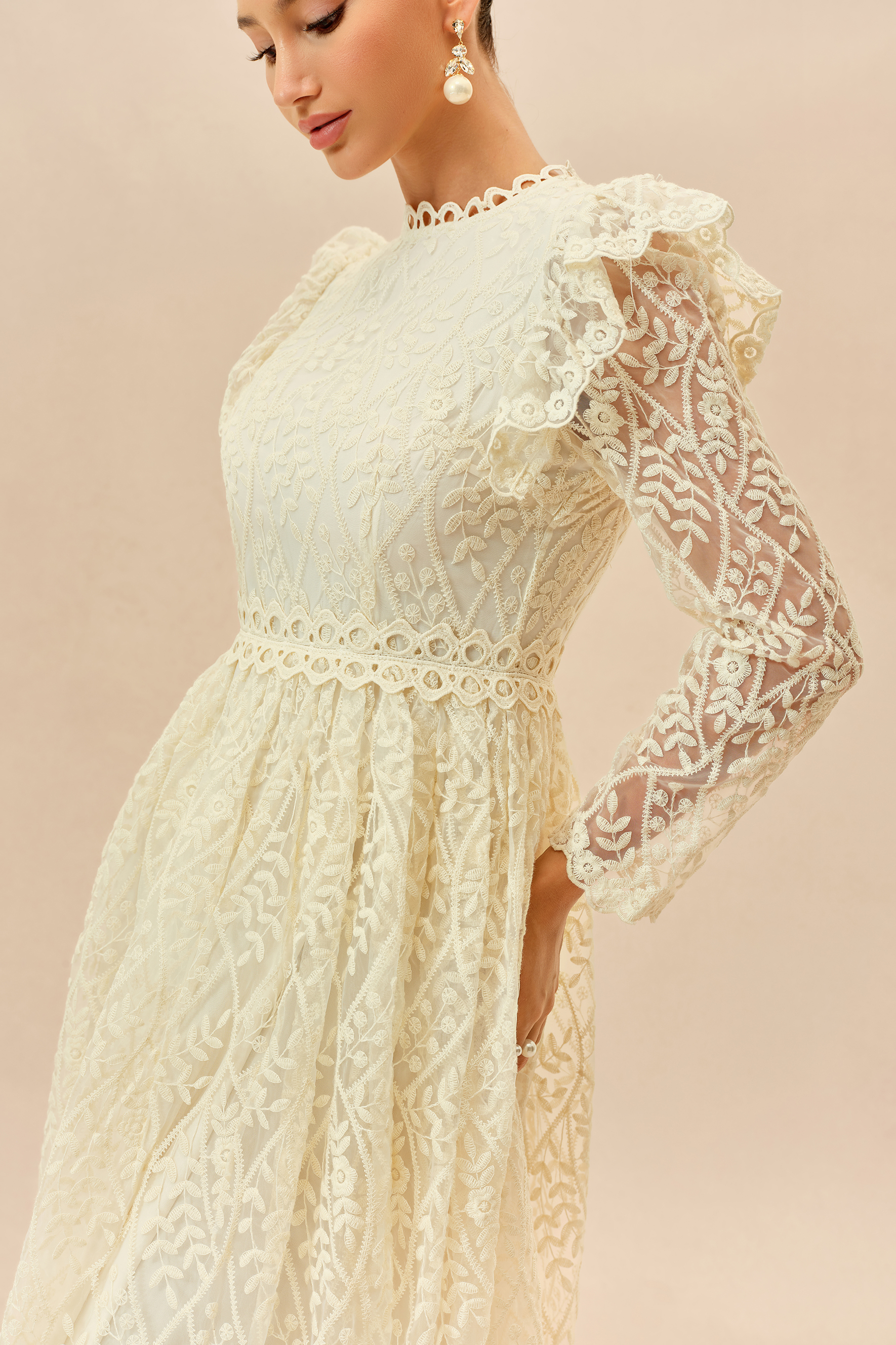 Cherished Forever Beige Lace Embroidered Ruffle Trim Maxi Dress