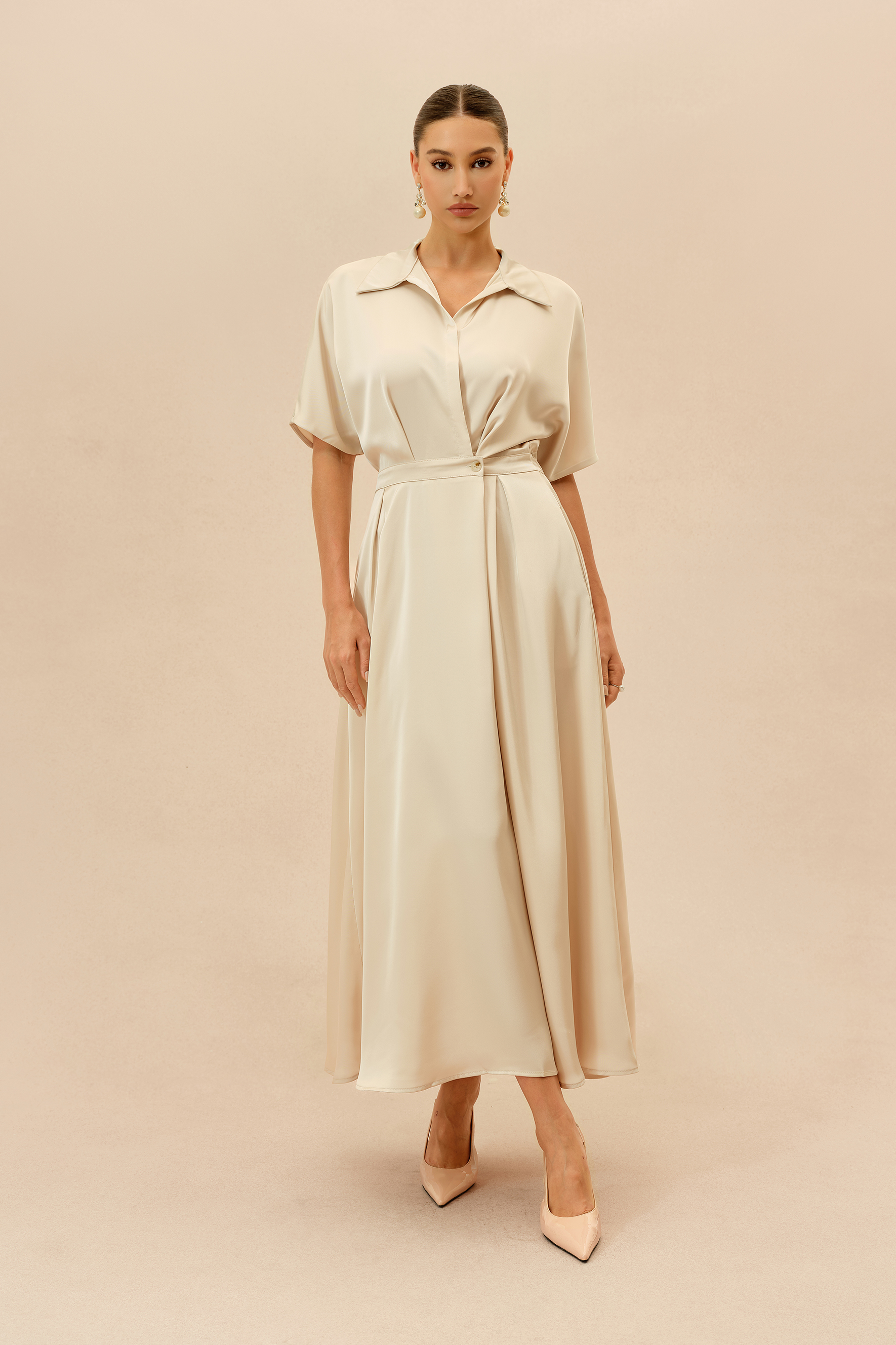 Simply Charming Beige Shirt Collar Short Sleeve Maxi Dress