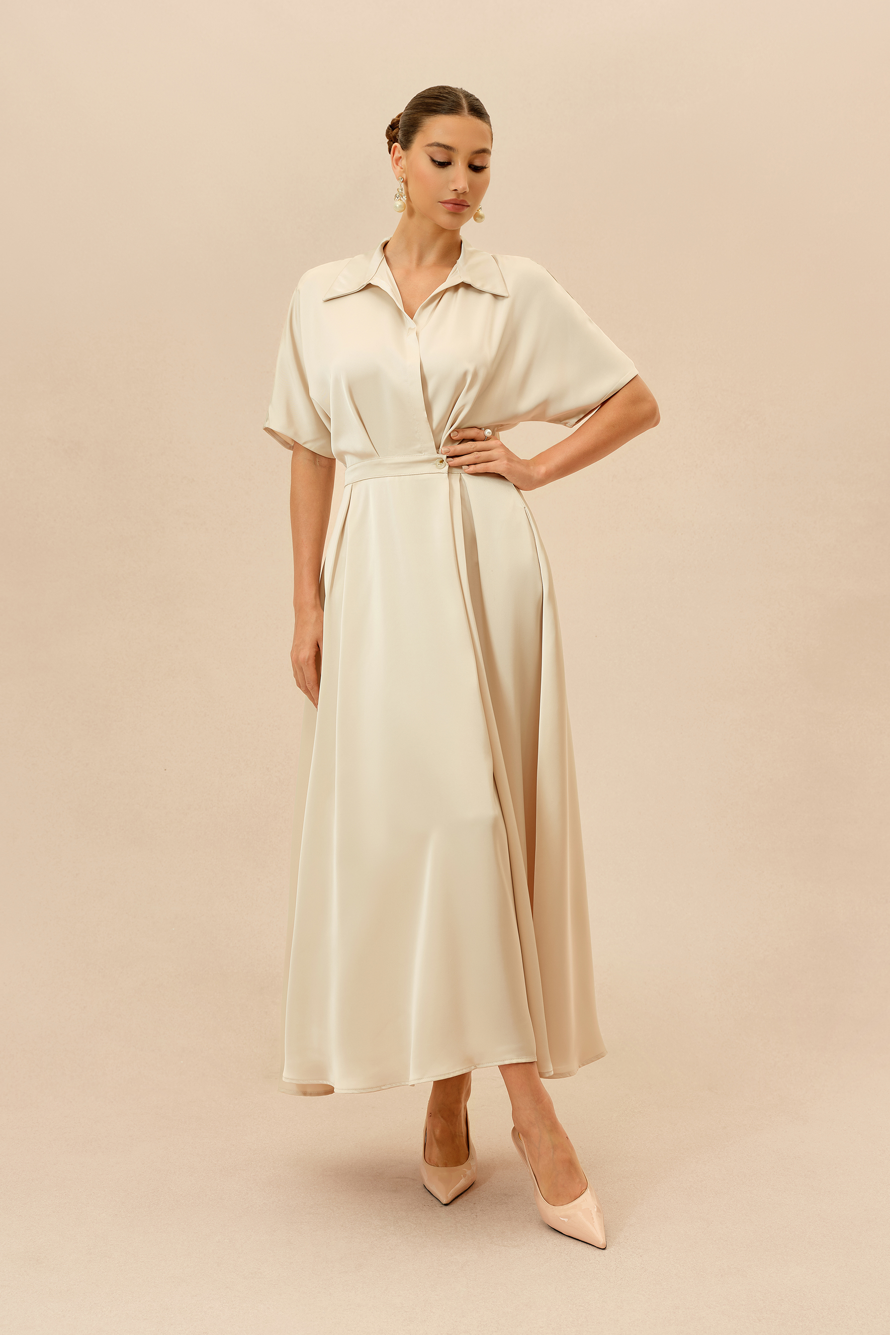 Simply Charming Beige Shirt Collar Short Sleeve Maxi Dress