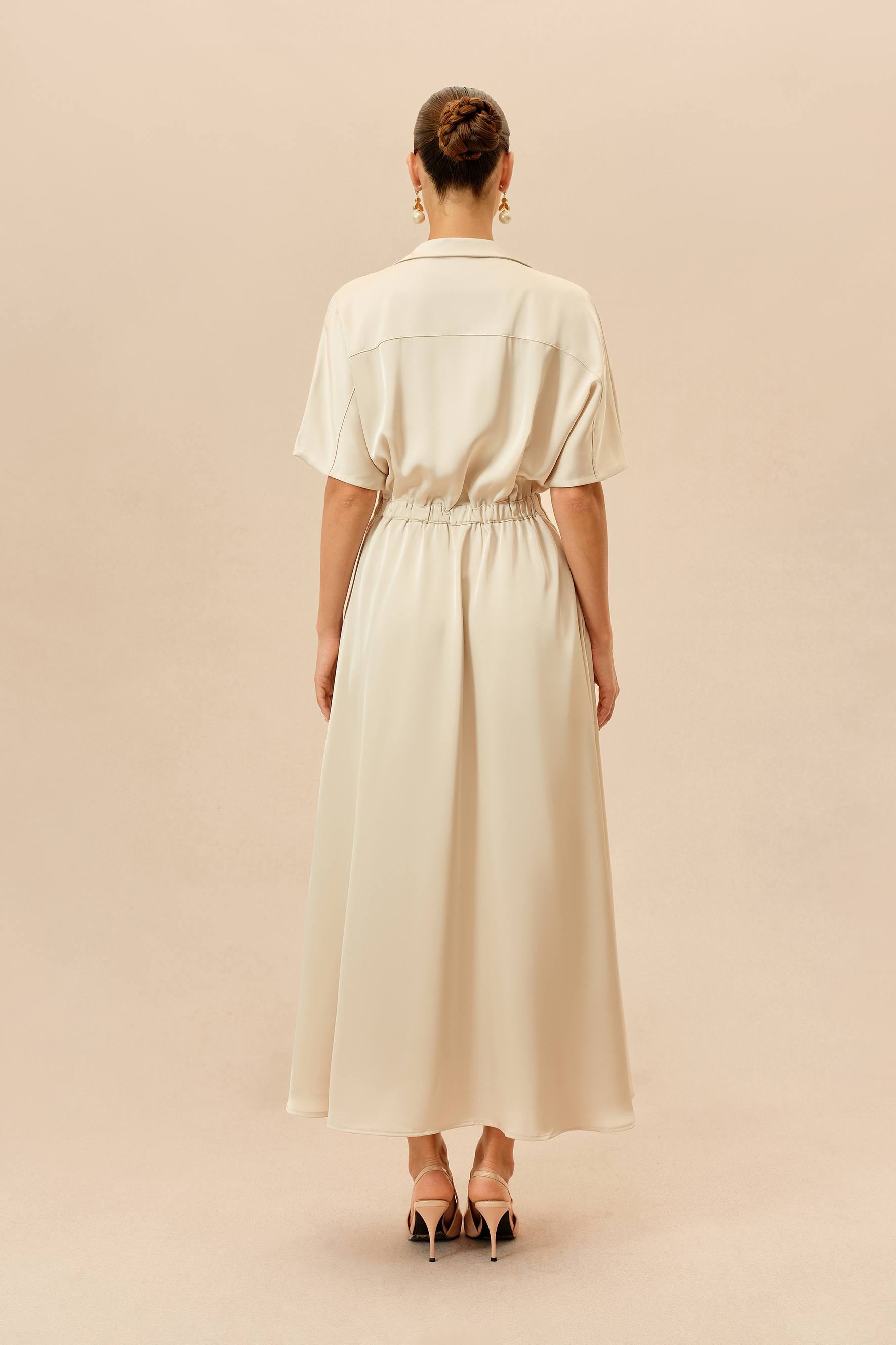 Simply Charming Beige Shirt Collar Short Sleeve Maxi Dress