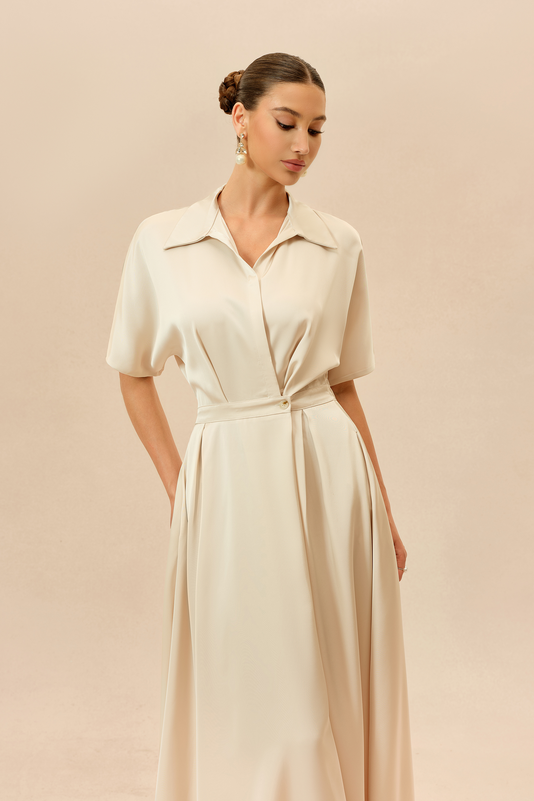 Simply Charming Beige Shirt Collar Short Sleeve Maxi Dress