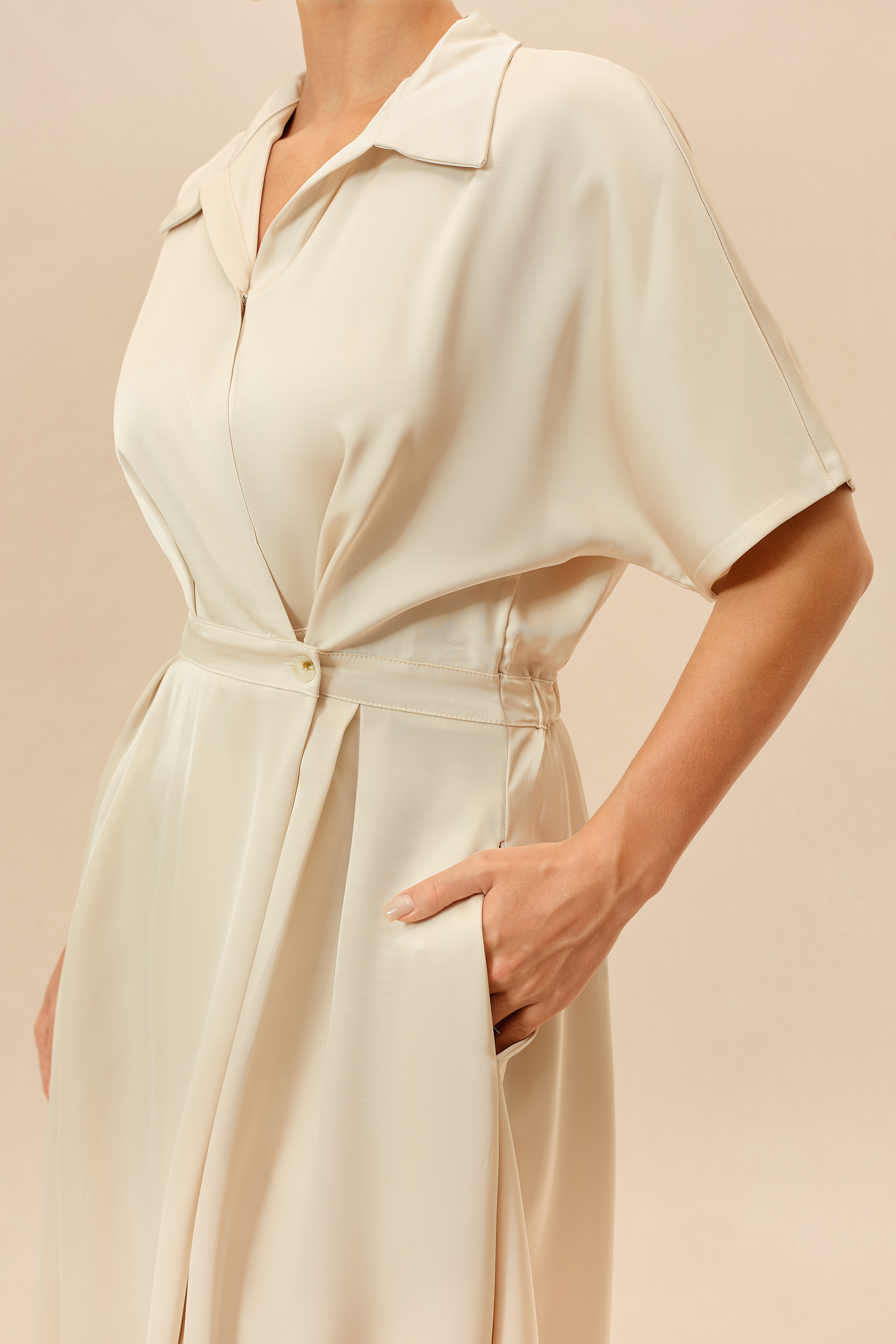 Simply Charming Beige Shirt Collar Short Sleeve Maxi Dress