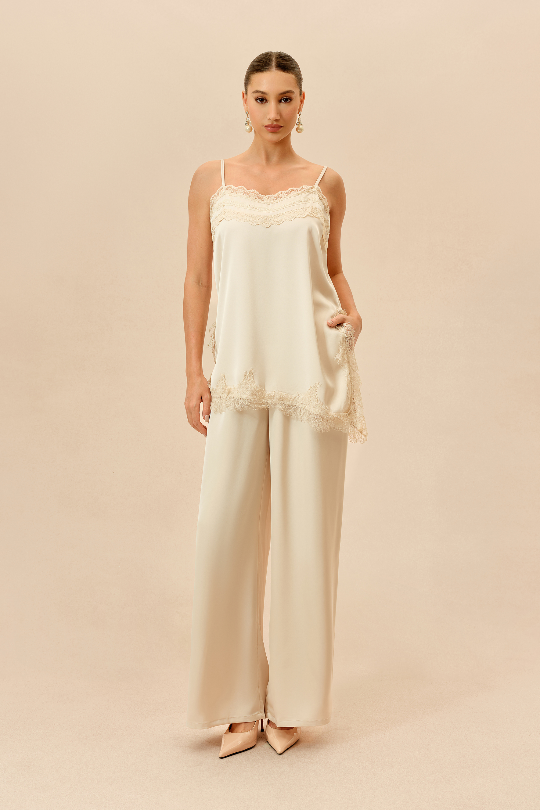 Just The Way Beige Lace Trim SatinTop & Wide Leg Pants Set
