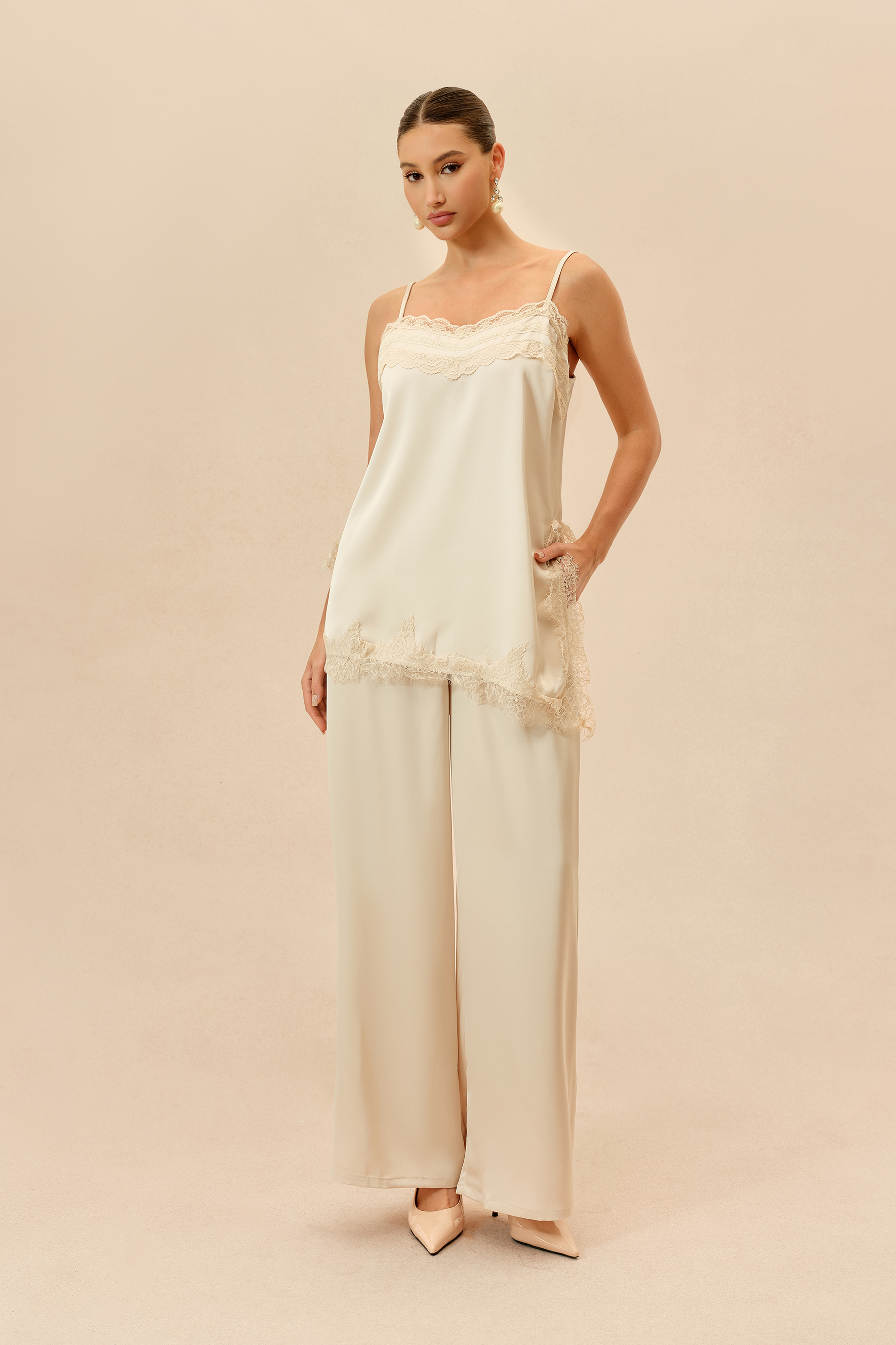 Just The Way Beige Lace Trim SatinTop & Wide Leg Pants Set
