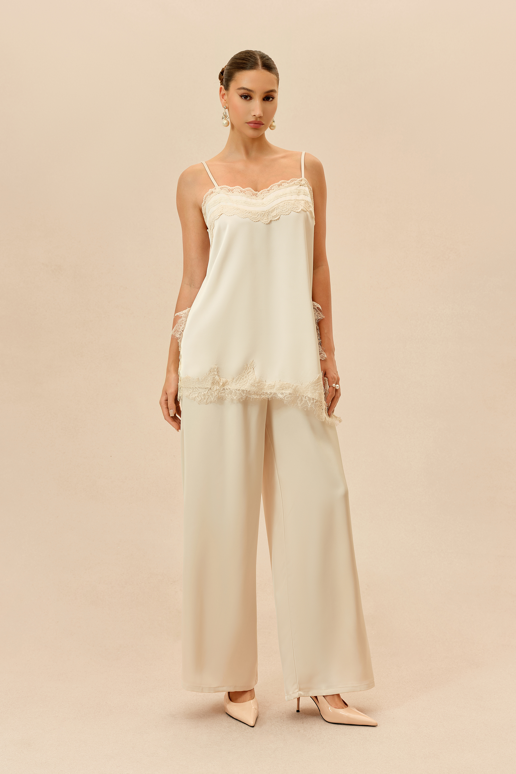 Just The Way Beige Lace Trim SatinTop & Wide Leg Pants Set
