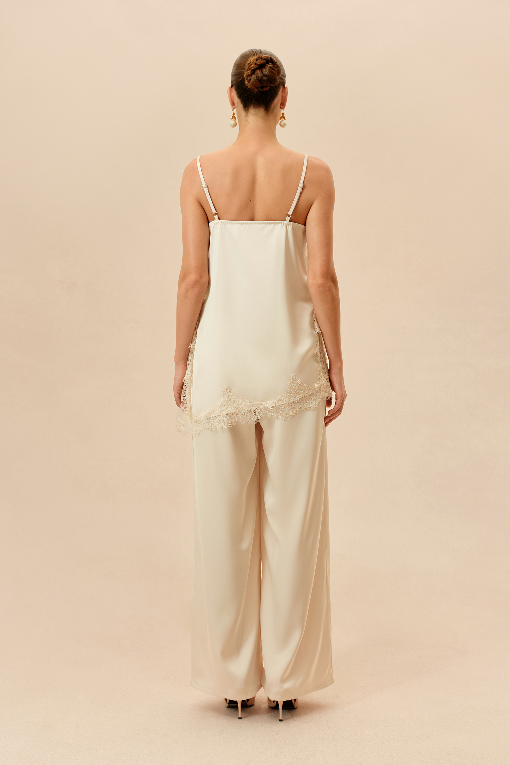 Just The Way Beige Lace Trim SatinTop & Wide Leg Pants Set