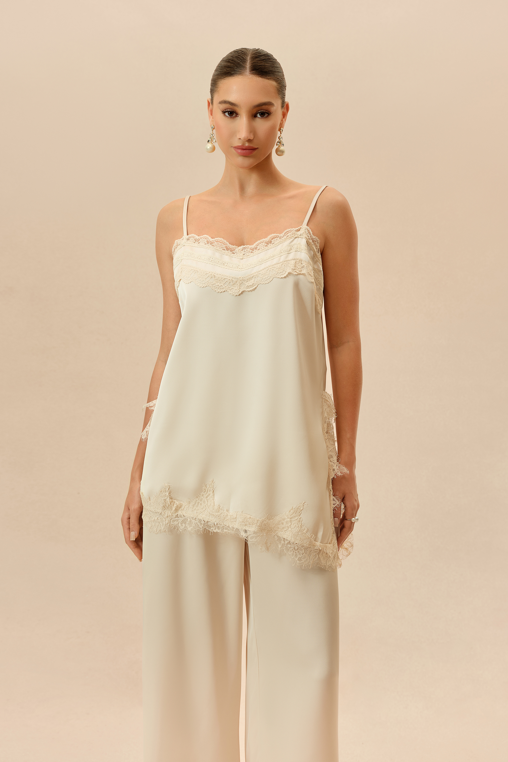 Just The Way Beige Lace Trim SatinTop & Wide Leg Pants Set