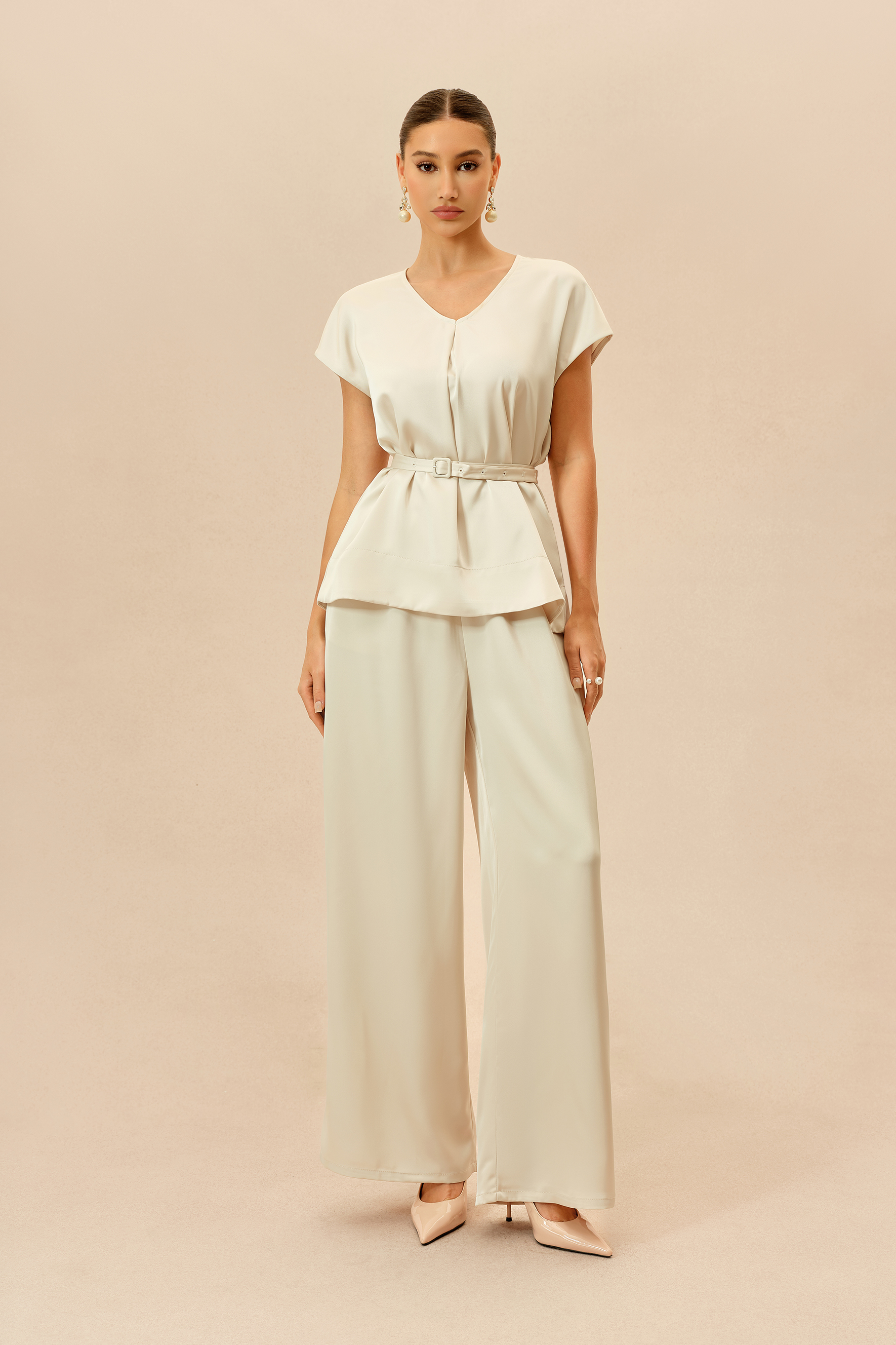 Casual Affair Beige Short Sleeve Belted Top & Wide Leg Pants Set