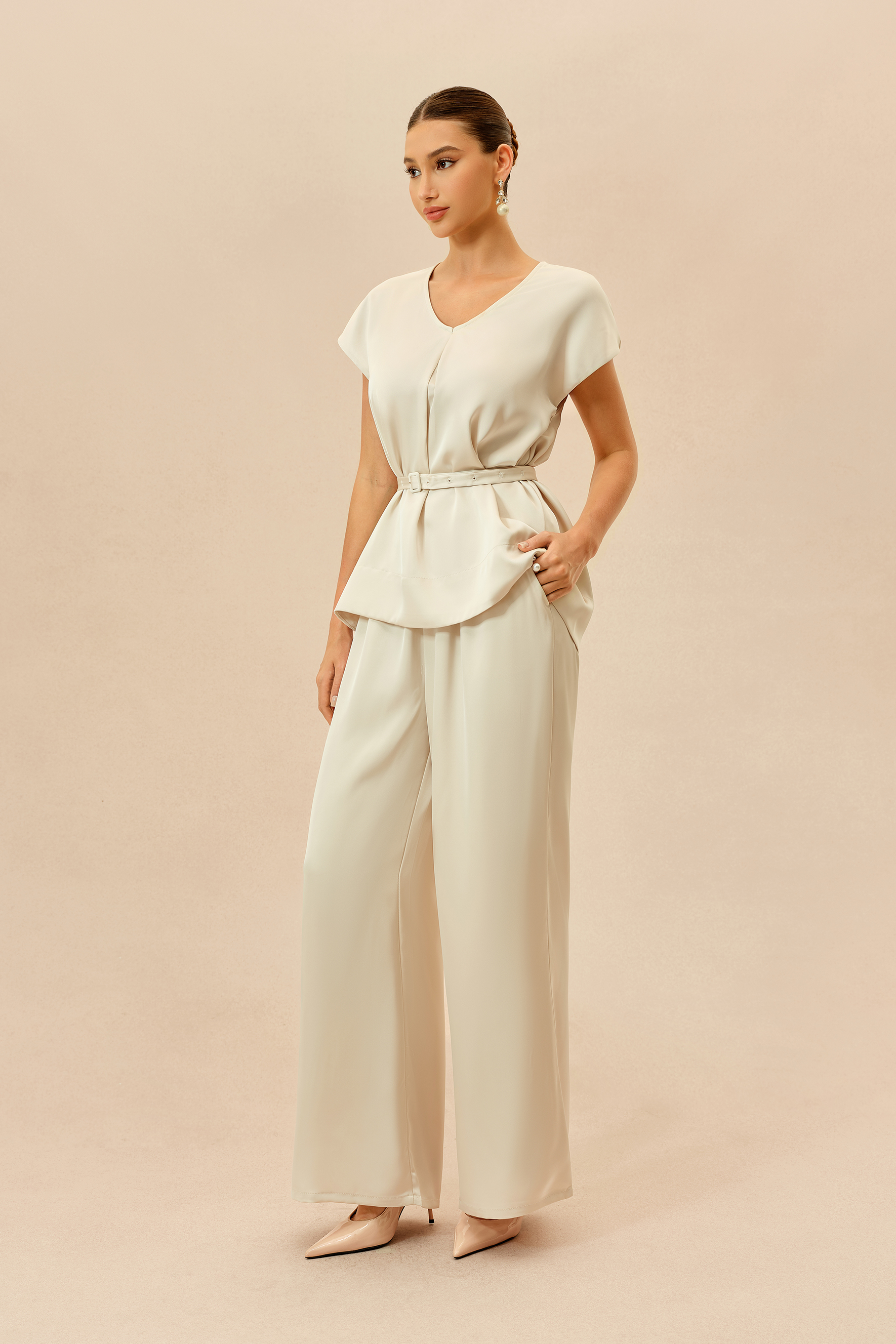 Casual Affair Beige Short Sleeve Belted Top & Wide Leg Pants Set