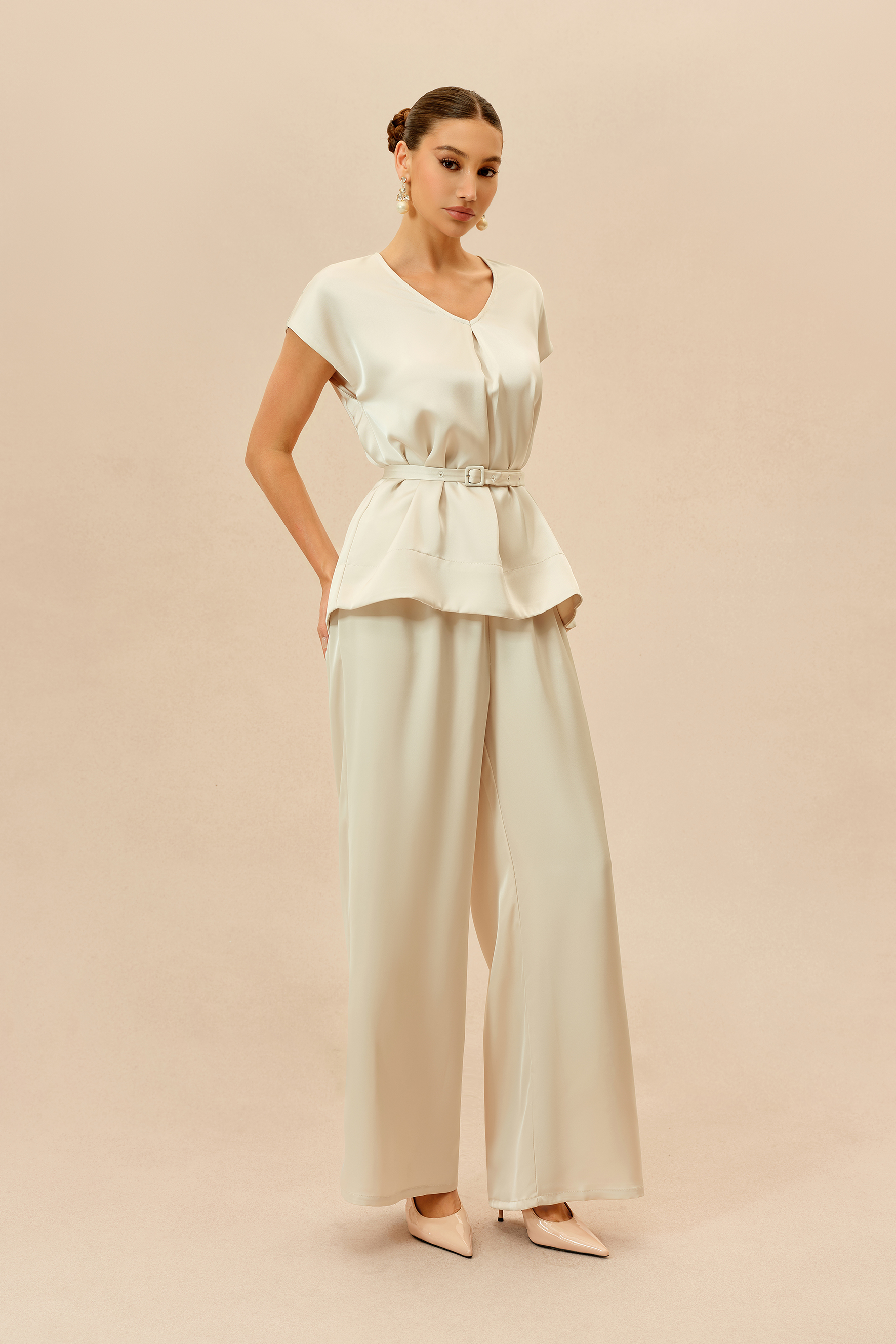 Casual Affair Beige Short Sleeve Belted Top & Wide Leg Pants Set