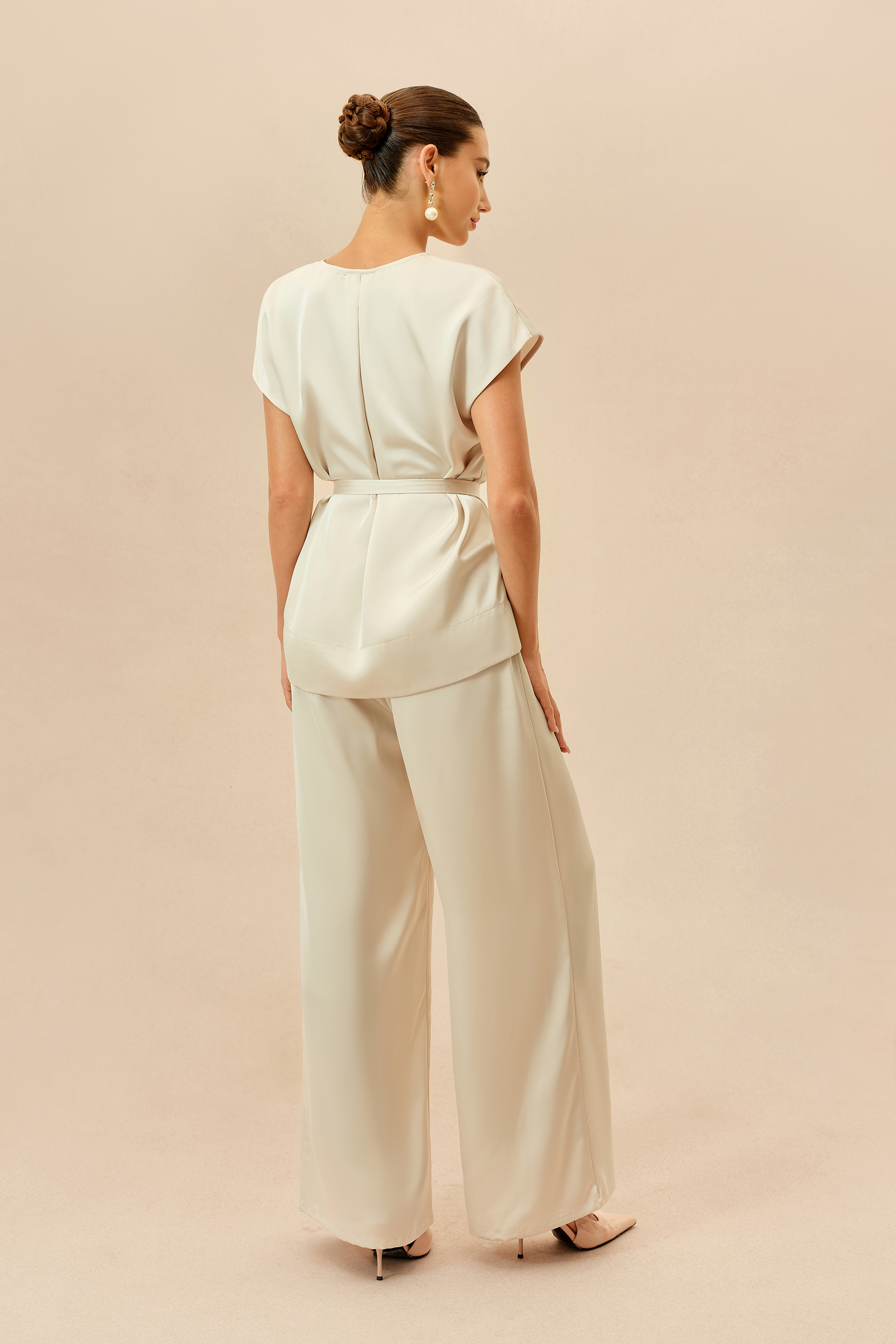 Casual Affair Beige Short Sleeve Belted Top & Wide Leg Pants Set