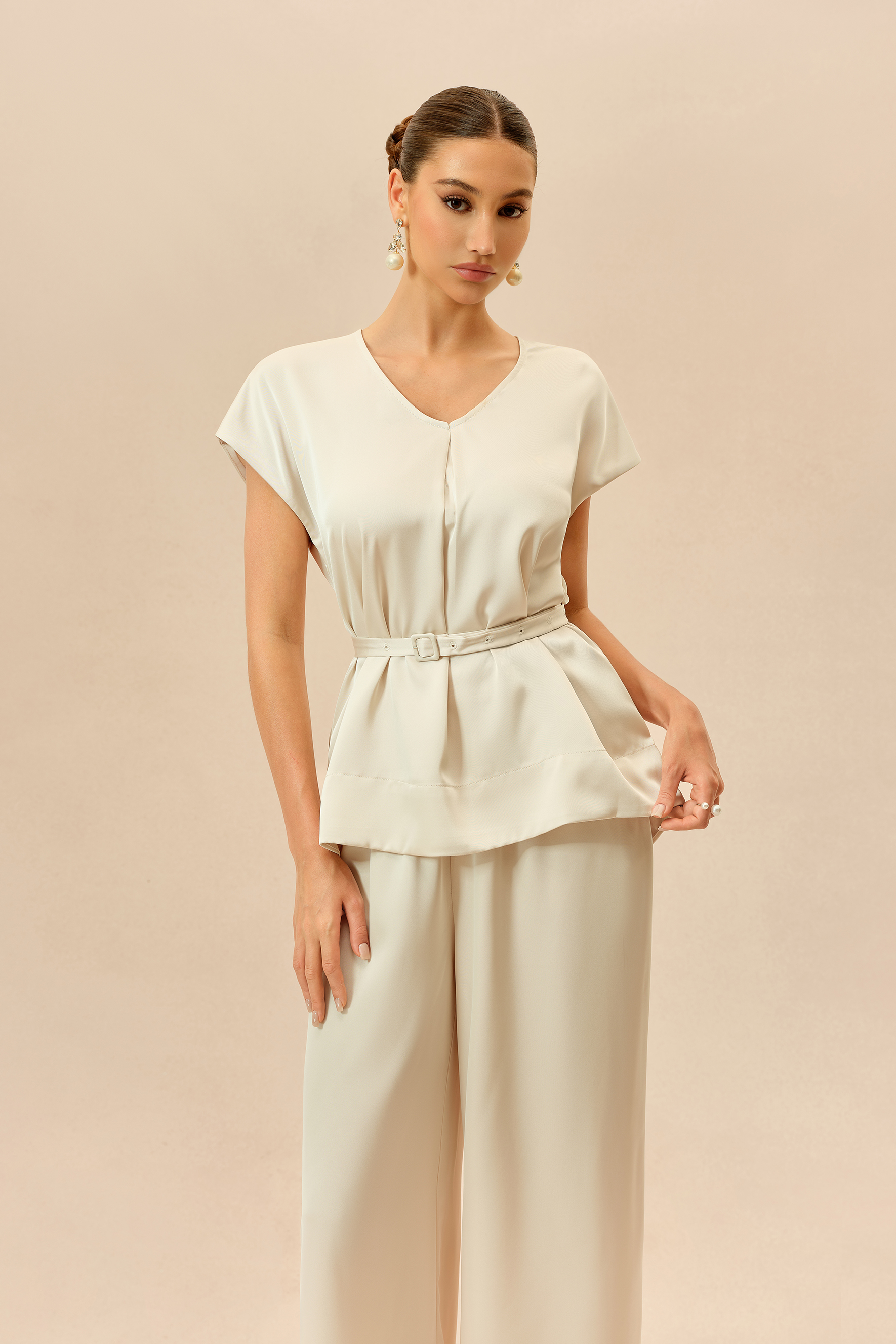 Casual Affair Beige Short Sleeve Belted Top & Wide Leg Pants Set