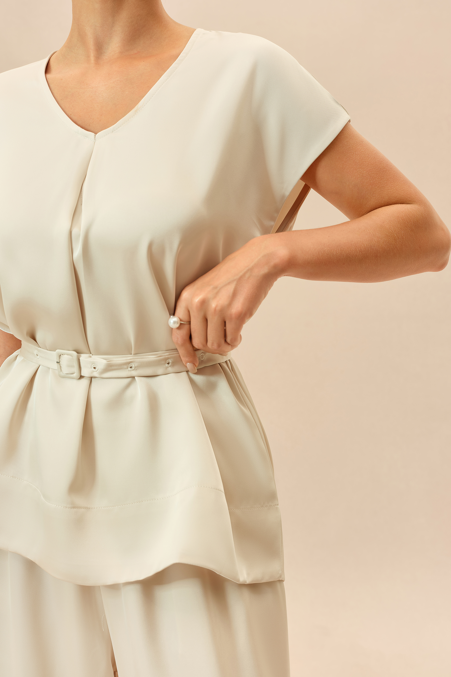 Casual Affair Beige Short Sleeve Belted Top & Wide Leg Pants Set