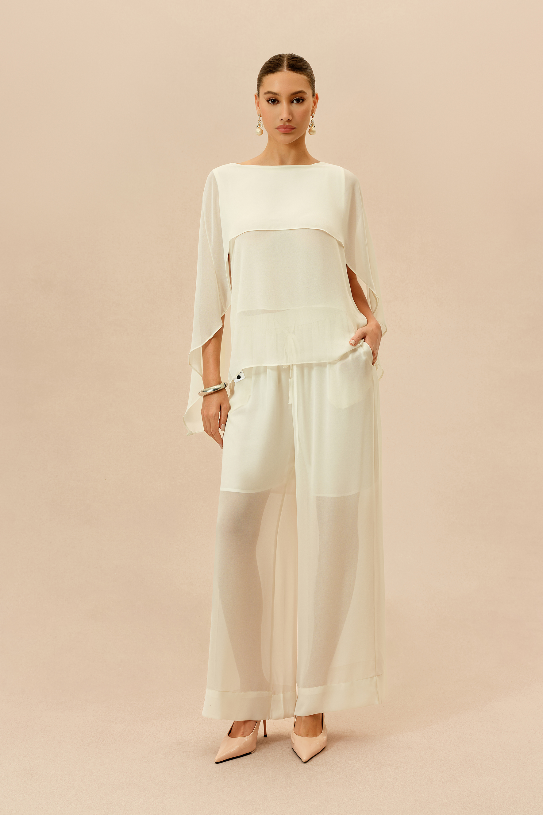 Love This Feeling Beige Sheer Layered Top & Wide Leg Pants Set