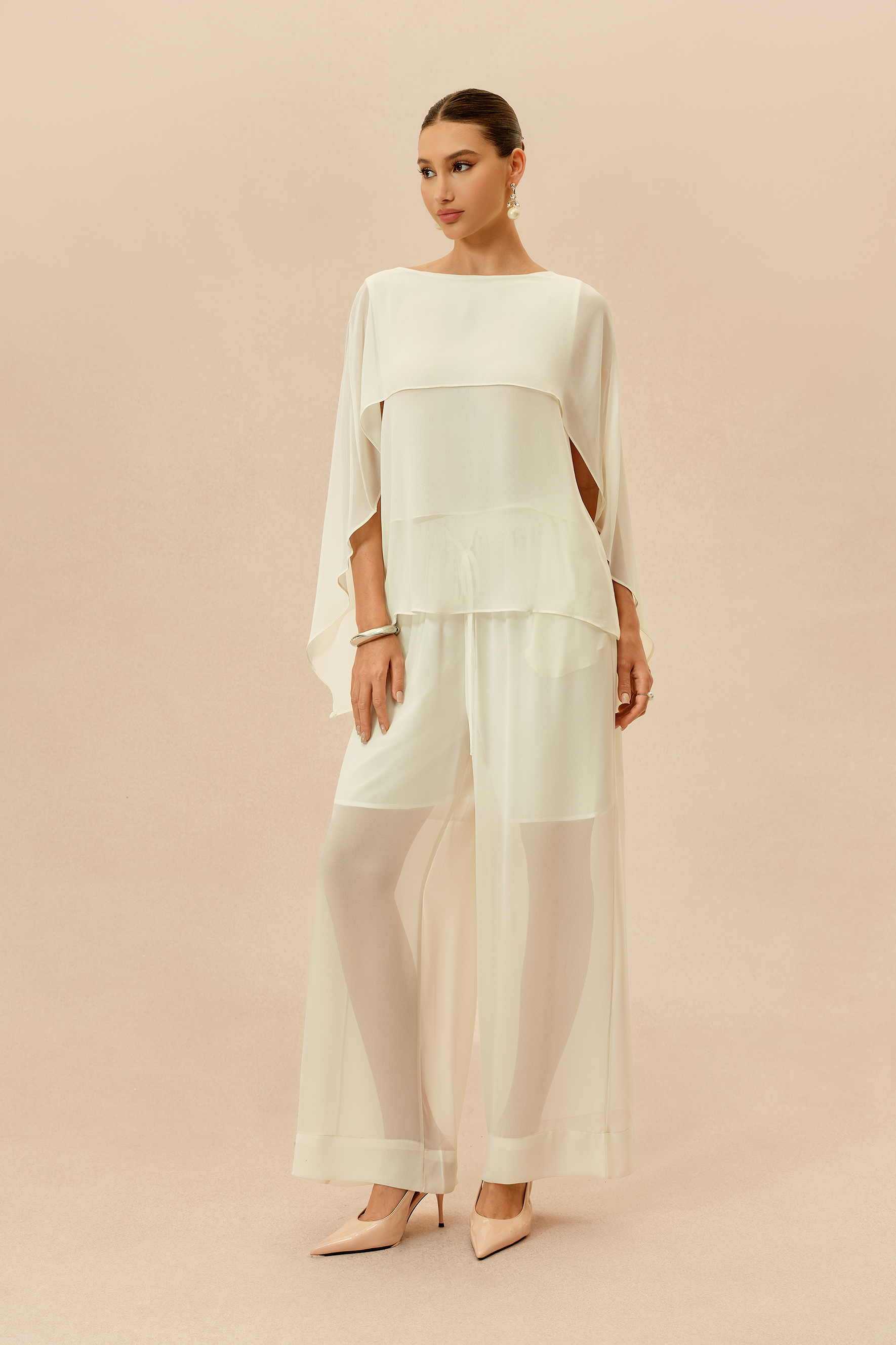 Love This Feeling Beige Sheer Layered Top & Wide Leg Pants Set